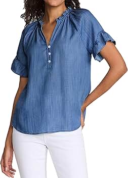 Amazon.com: Womens Short Sleeve Ruffle Blouse V Neckline Ruffled