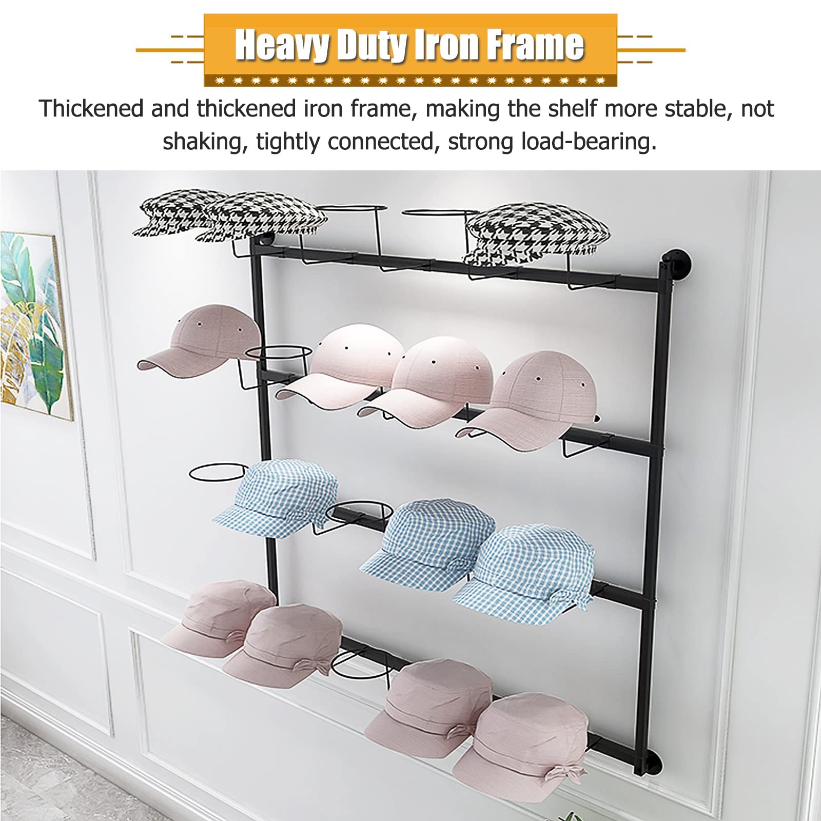 Perchero de pared metálico para gorras de béisbol, 4 niveles, para pelucas y gorras, con ganchos móviles, 100 cm de alto, negro, blanco y dorado, fácil de instalar (largo blanco), blanco, largo: 100