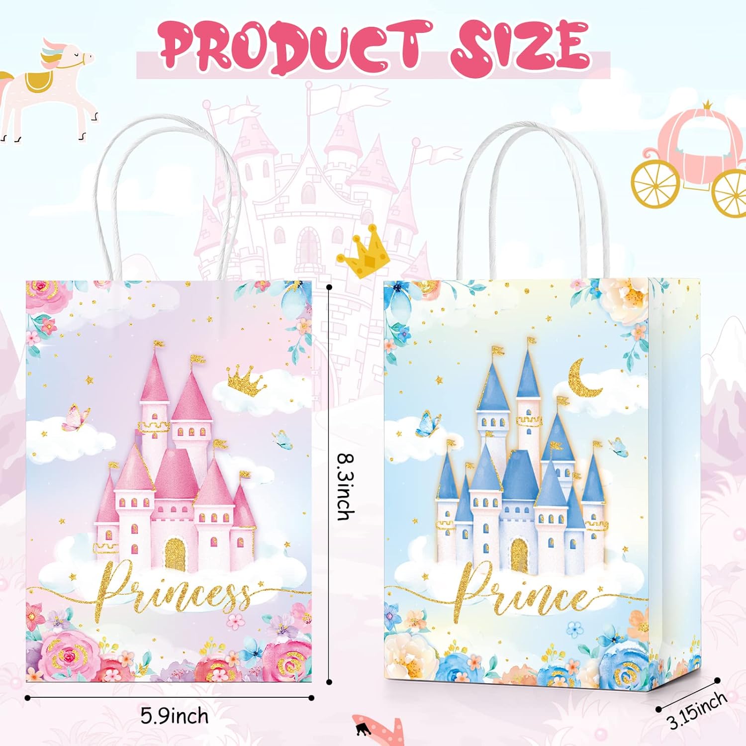24 Pcs Princess & Prince Castle Party Bags with Handles - Candy & Treat Goodie Bags for Gender Reveal, Baby Shower & Wedding - Image 2