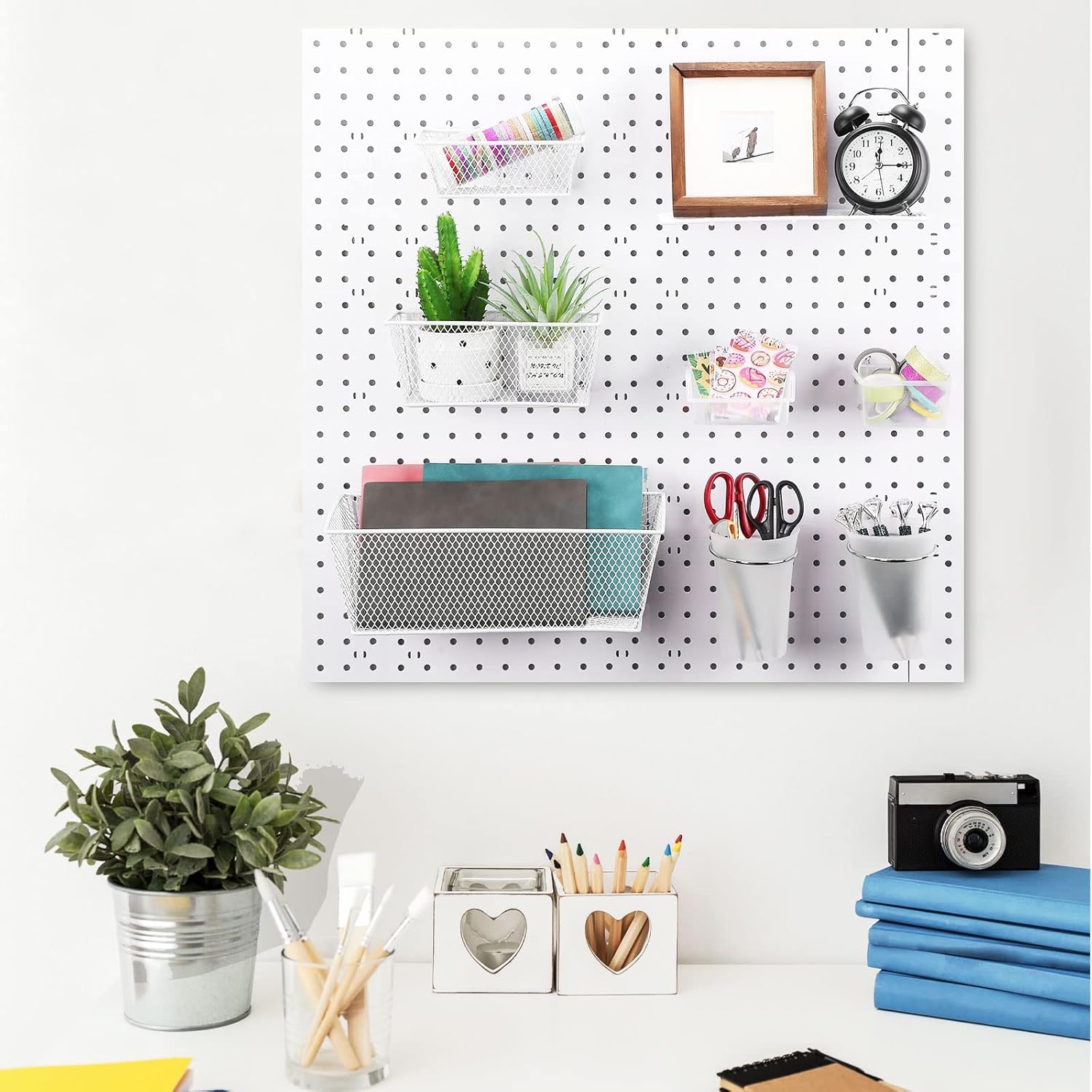 Sieral 30 Pcs Pegboard Organizer Accessories Kit Includes Peg Board Shelving Storage Basket Organizer Bins Hooks Loops Cup with Cup Holder for Garage Room Wall Attachments Tools(White, Clear, Silver)