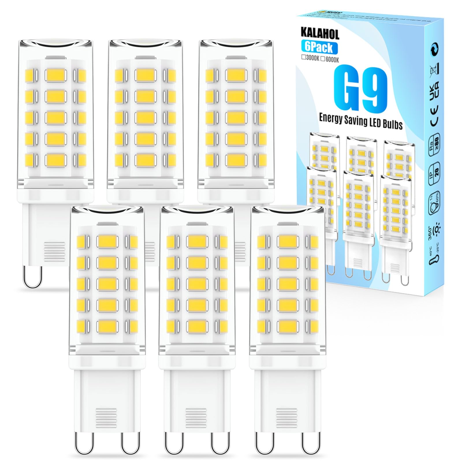 KALAHOL 6 Pack G9 LED Bulbs Cool White, 4W, 6000K, No Flicker, Equivalent to 40W Halogen, 400LM, Non-Dimmable