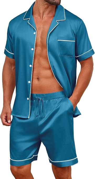 Vssjavun Mens Satin Silk Pajamas Sets Short Sleeve Button-Down Sleepwear Two Piece Loungewear with Pockets