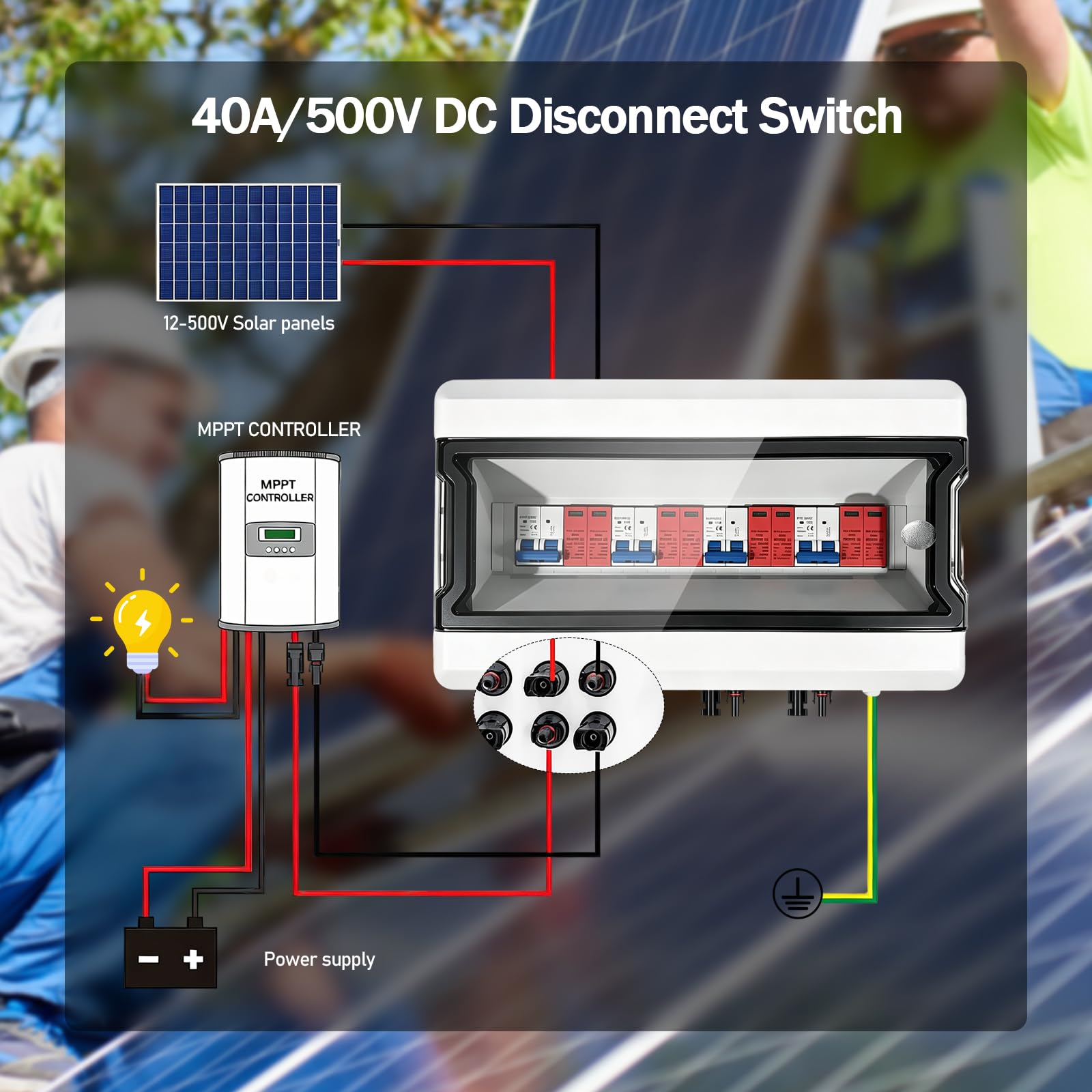 Zabezpieczenie przeciwprzepięciowe PV DC, wyłącznik odgromowy, wyłącznik nadprądowy, DC 4 struny, 500 V, 40 A, ochrona przed napięciem, wodoszczelność IP65, skrzynka przyłączeniowa solarna do