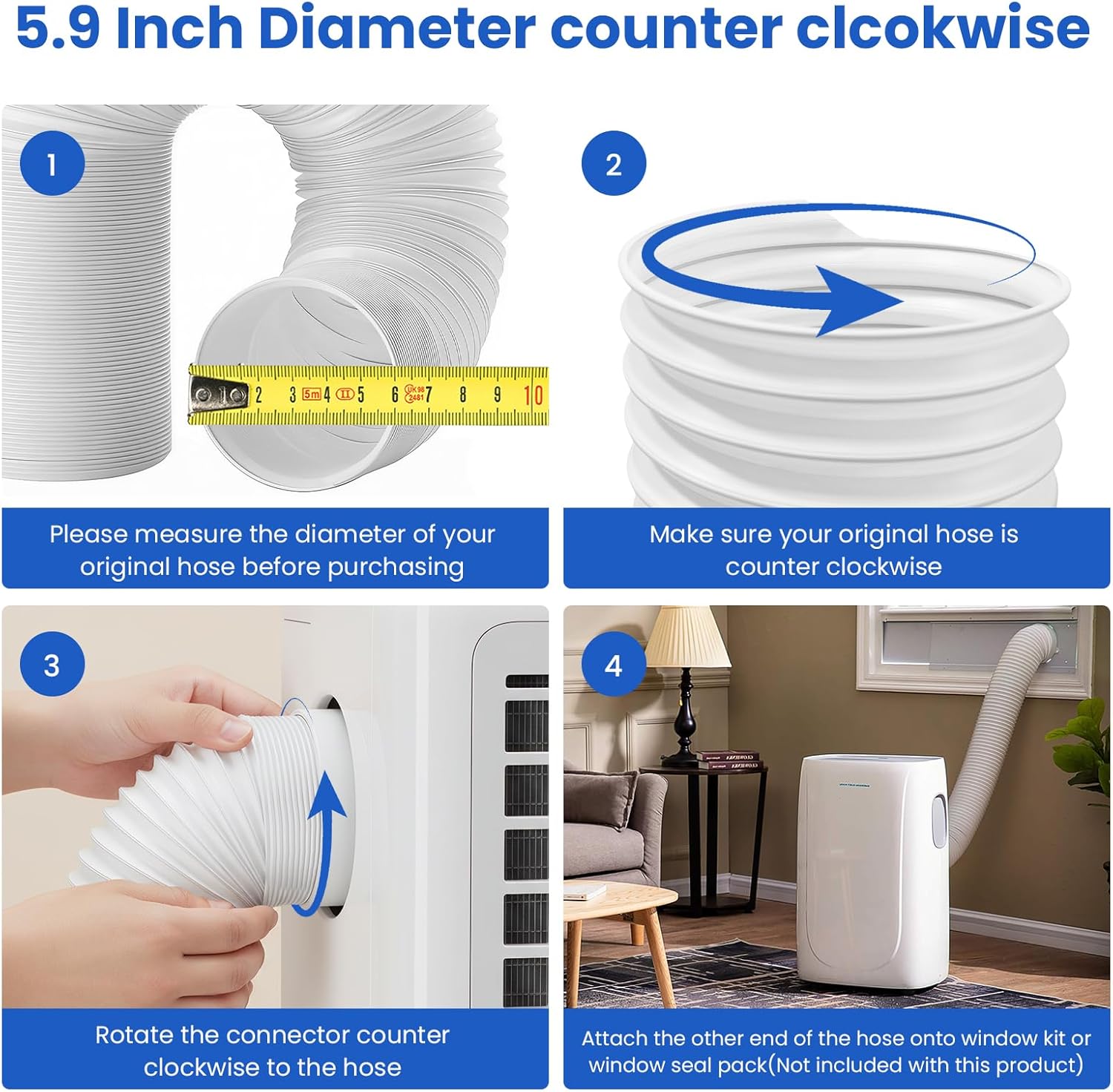 Portable Air Conditioner Hose, 5.9" Diameter Anti-Clockwise Thread With Length up to 80", Universal Replacement AC Exhaust Vent Hose (No Coupler)