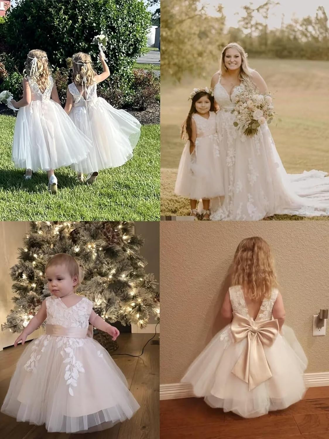 Flower Girl Dress for Wedding Tea Length Lace Applique Tulle Princess Kids Birthday Pageant Party Gown with Bow-Knot - Image 4