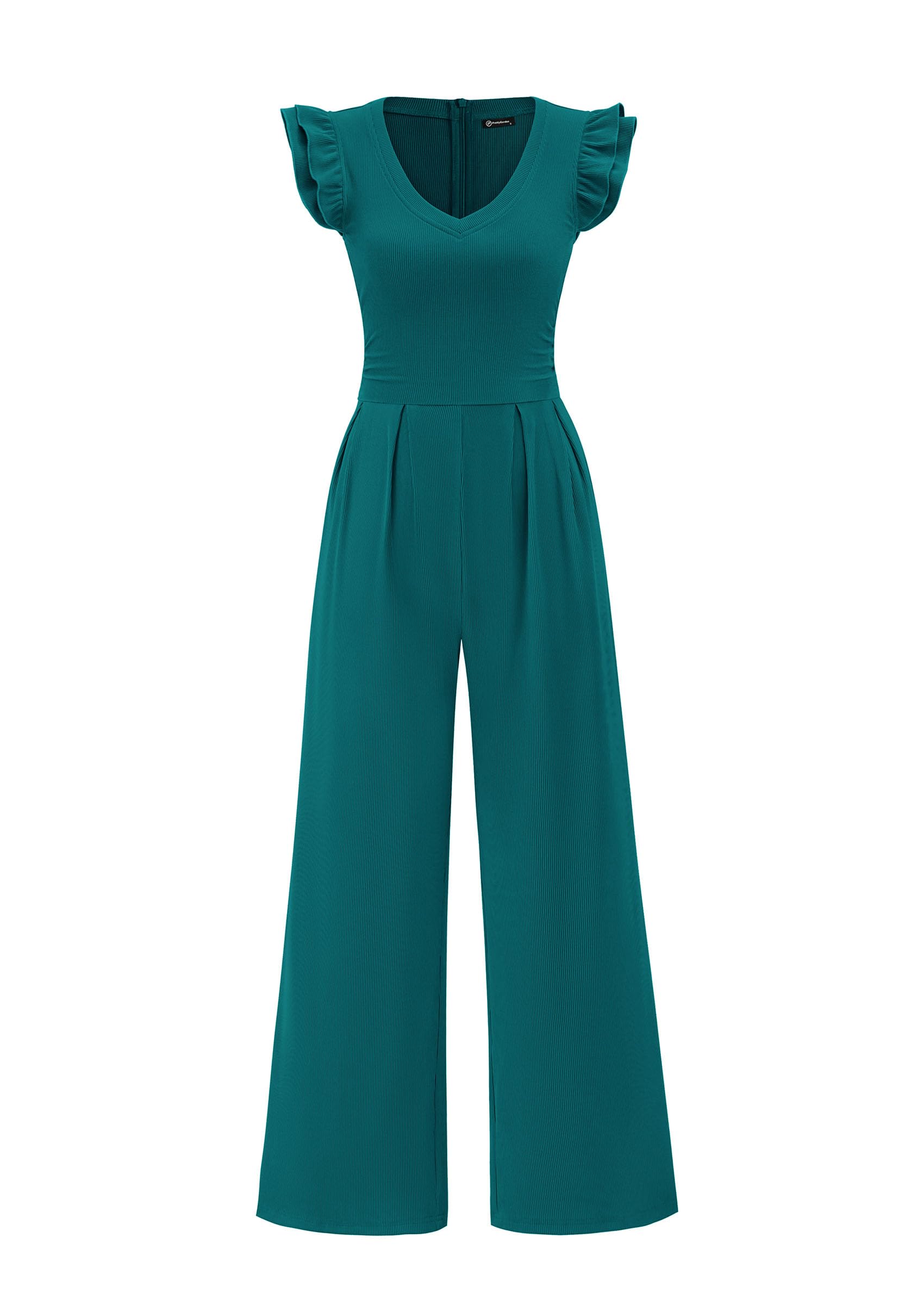 One Piece Jumpsuits For Women Dressy Ruffle Cap Sleeve V Neck Ribbed Knit Wide Leg Romper Casual Spring Outfits-image-40