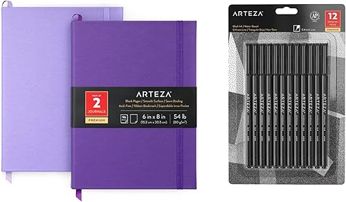 Miniatura 1 de ARTEZA Juego de 12 bolígrafos negros Fineliner y diario de dibujo, paquete de 2 unidades, suministros de oficina para la escuela, la oficina o el