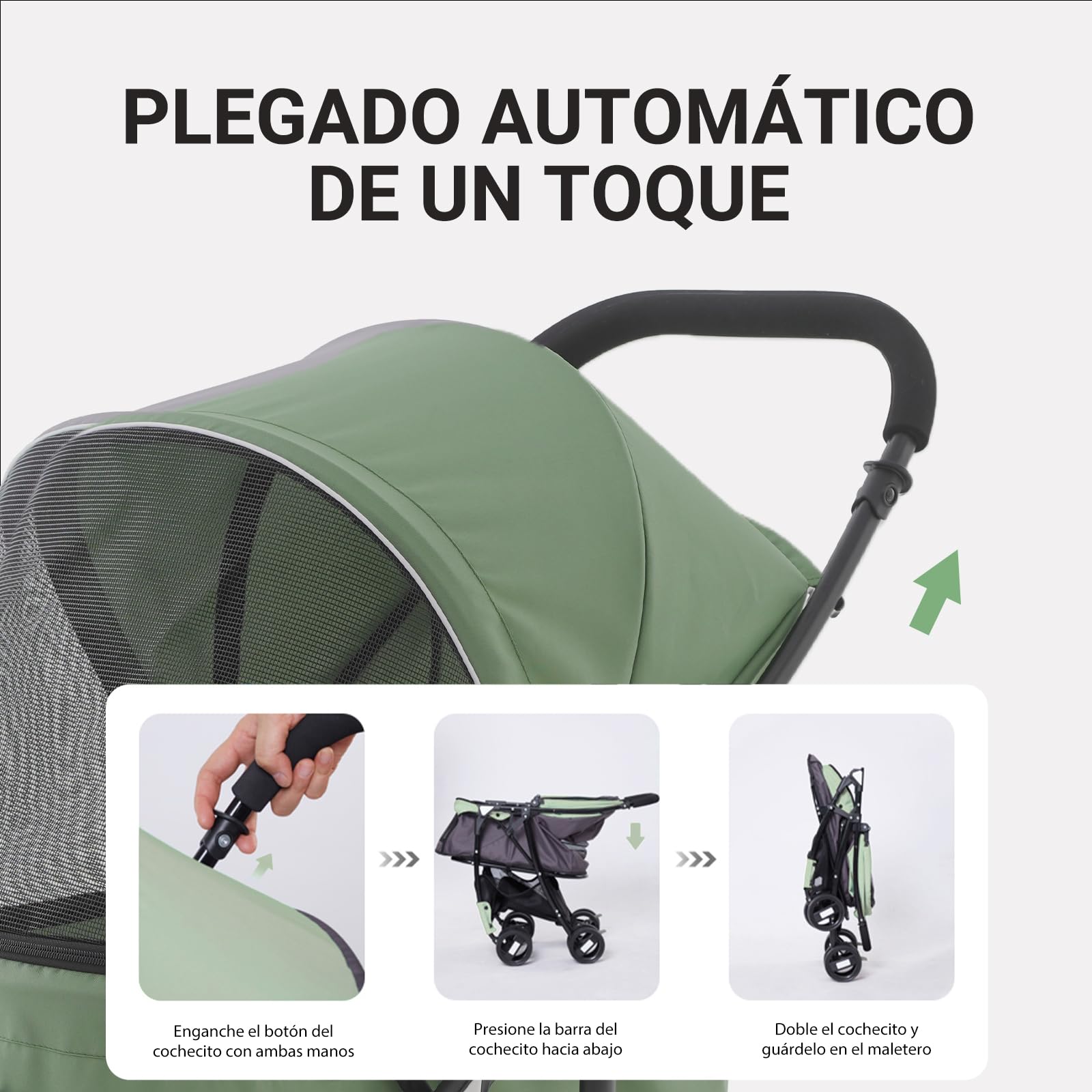 Sunny Sonny Cochecito de Mascotas para Perros y Gatos Pequeños/Medianos hasta 15 kg, Plegable Portátil con Ruedas Giratorias, Cubierta Antilluvia, Cesta, Cremallera y Diseño Seguro (Verde)