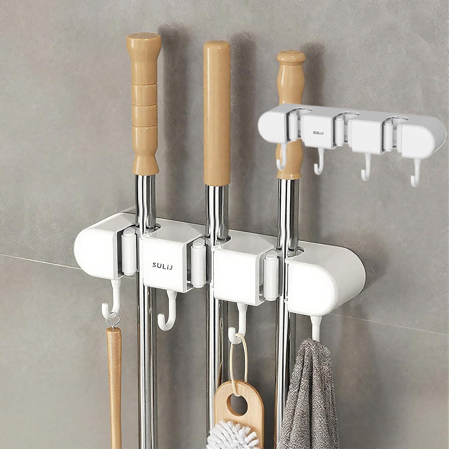 Wall-Mounted Mop Rack and Broom Organizer, Space-Saving Storage Solution for Cleaning Tools for Home or Kitchen