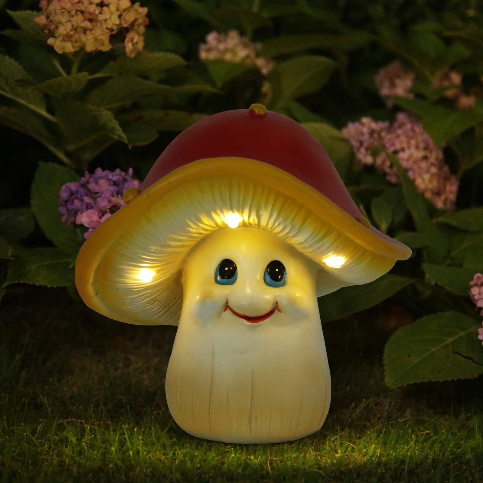 Mushroom Solar Lights Outdoor Decor Garden Statues, Resin Mushroom Decor Wearing Light Up Hat, Spring Fairy Decor for Yard, Patio, Balcony, Lawn Ornament, Mushroom Gifts for Dad, Women, Men