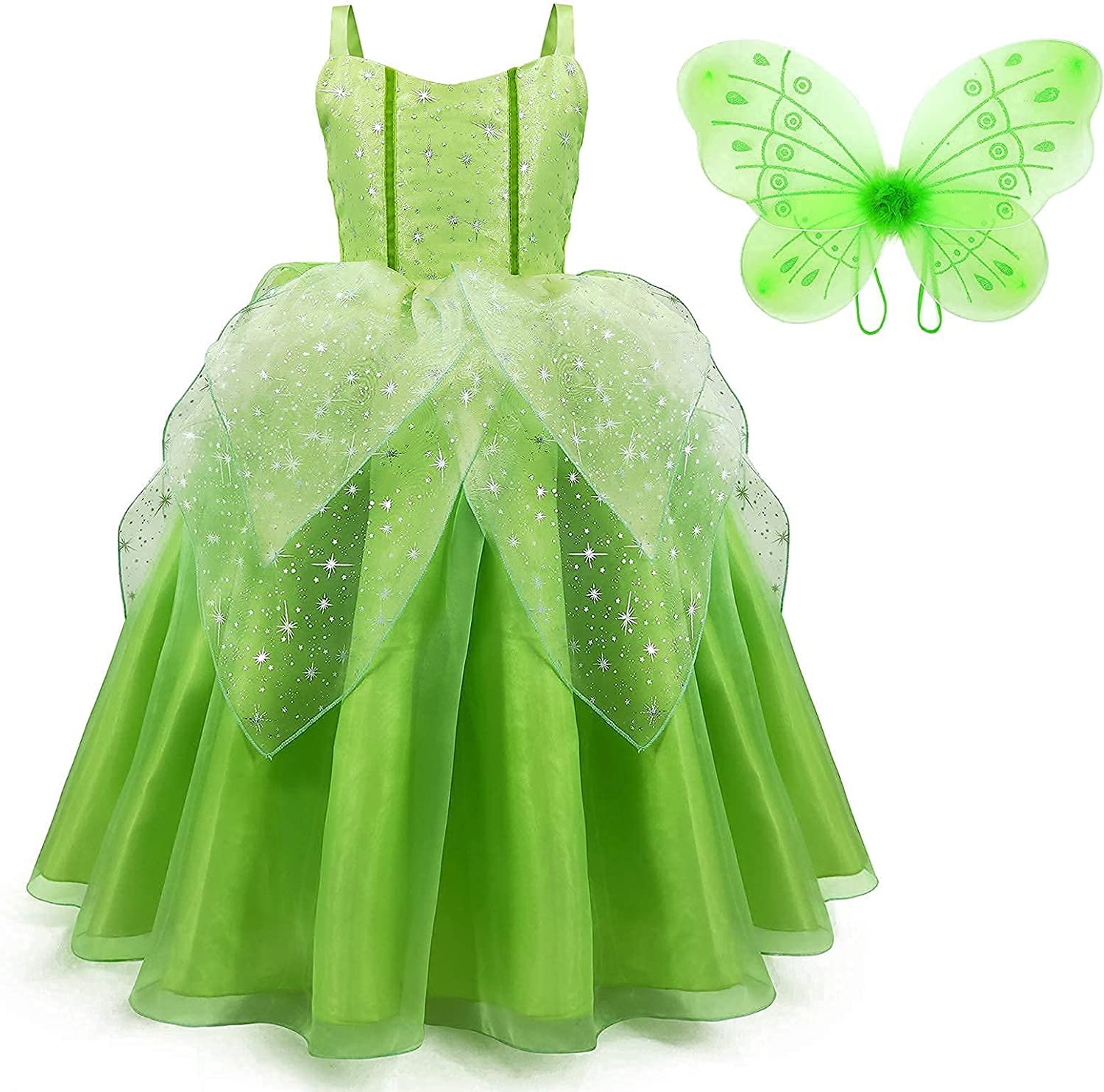 GGEROU Princess Tinkerbell Fairy Costume for Toddler Girls School Performance,Elf Cosplay Dress Princess Costumes with Butterfly Wings,Tinker Bell Fairy Dress Up Outfit for Girls Party Age 2-13 Years