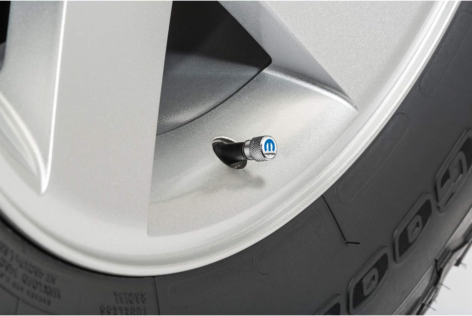 iPick Image for Mopar in White on Shining Silver Aluminum Tire Valve Stem Caps