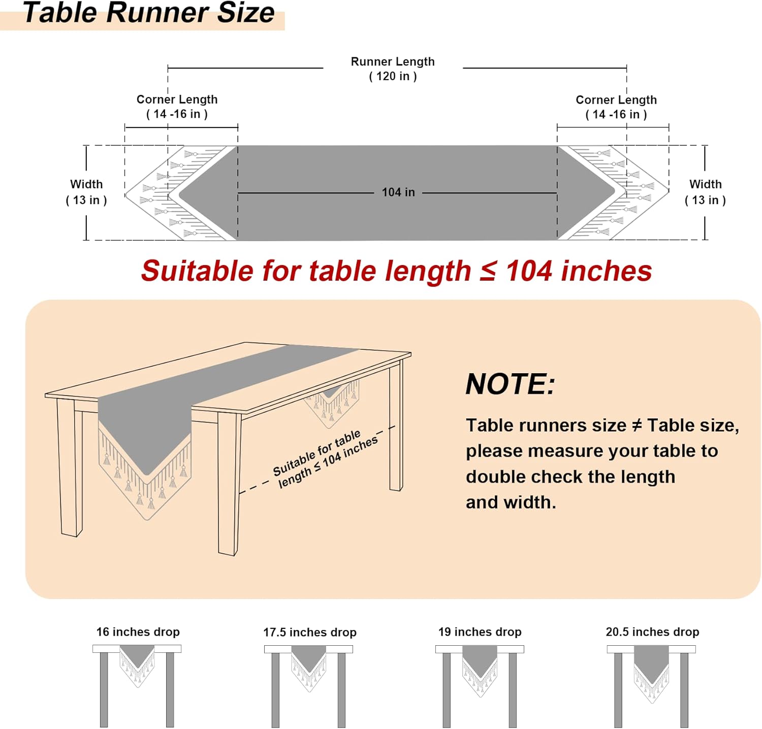 Loom and Mill Luxury Table Runner 120 inches Long, Elegant Damask Jacquard Table Runners with Handmade Multi-Tassels for Dining Room Dresser Party Holiday Banquet Decoration(Beige,13x120 inch)