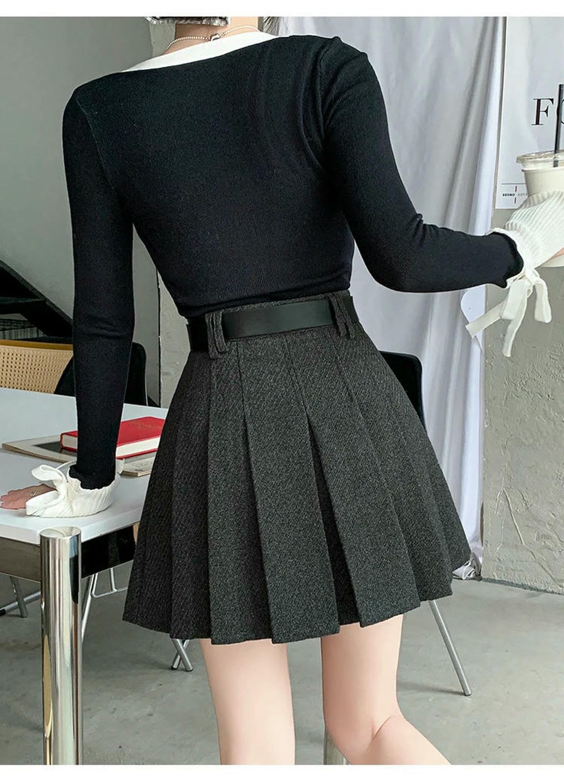 Gonna Lunga Mini A Pieghe Invernale Vintage da Donna Streetwear Vita Alta Gonne Carine con Pantaloncini Cintura Nera Grigia Donna-Grigio Scuro-s