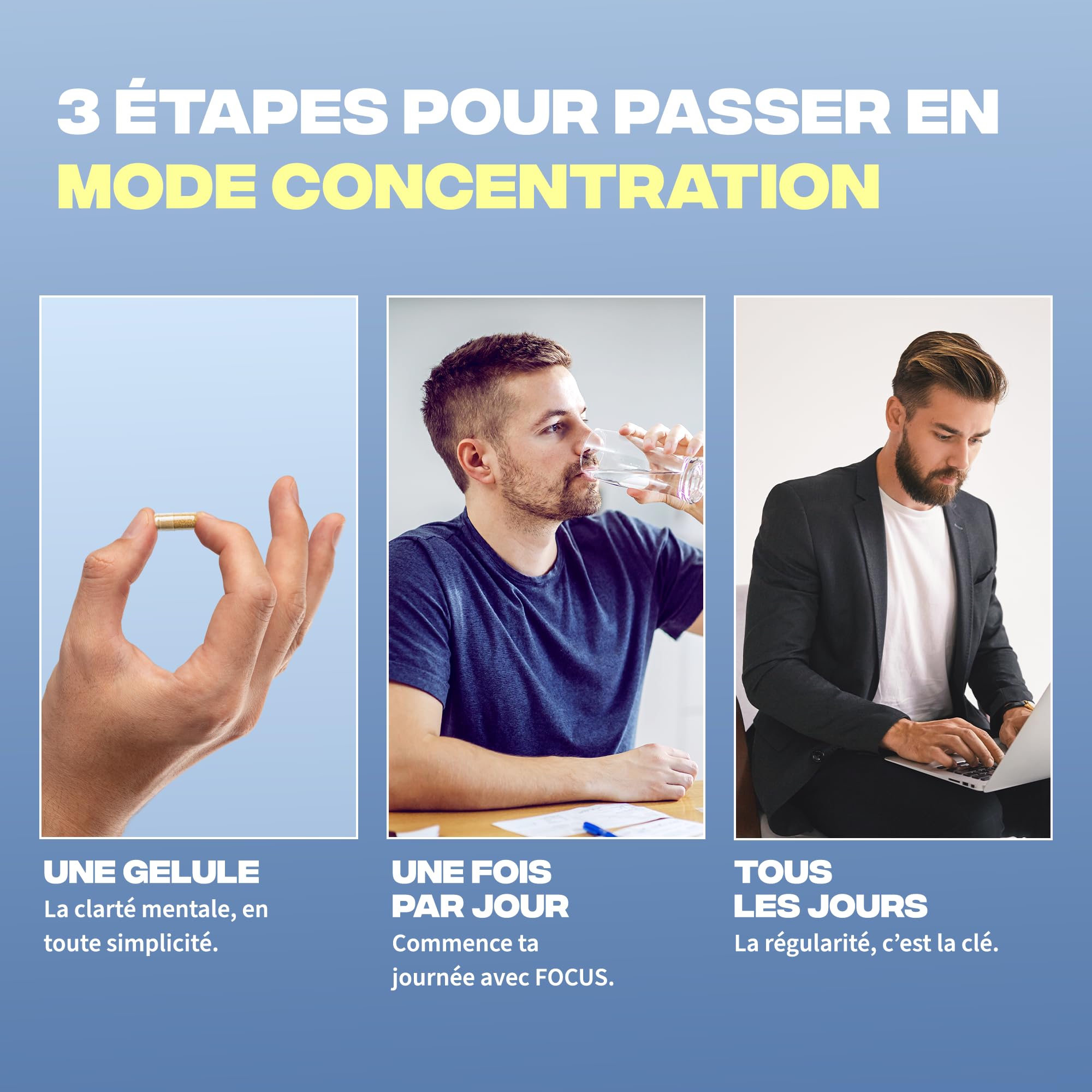 Focus Améliore Concentration & Clarté Mentale - Lion's Mane, Ginkgo Biloba, Romarin, Huile MCT - Fabriqué en France - Vitamines & Minéraux - Adaptogènes Naturels - Vegan, Sans Gluten