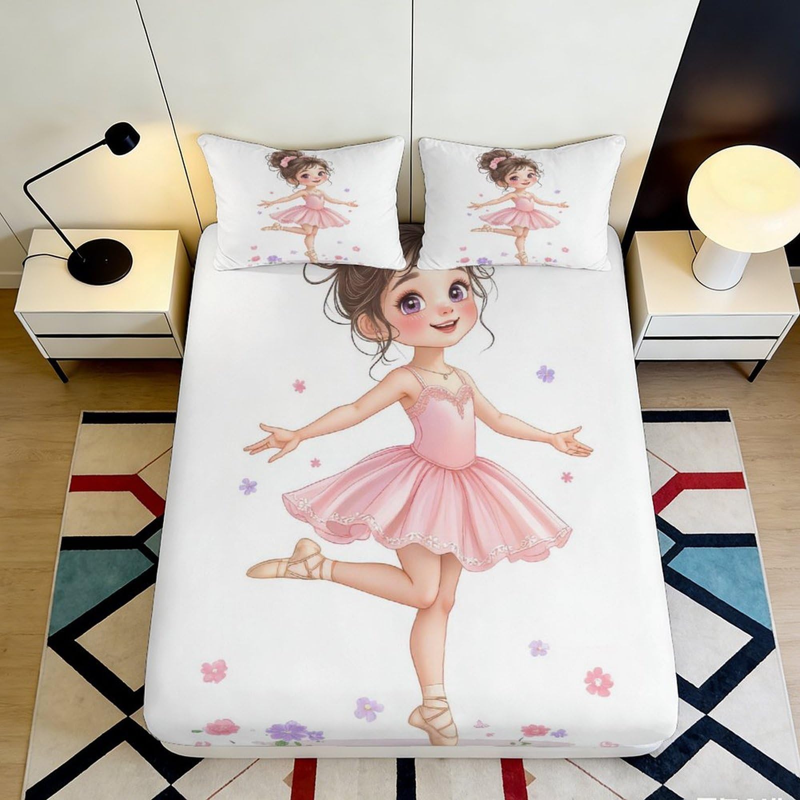 3D Printed Ballerina Girl Fitted Sheet Microfiber Soft Pink Cartoon Bed Cover for Bedroom Dorm Mattress Decor 90x200x25cm