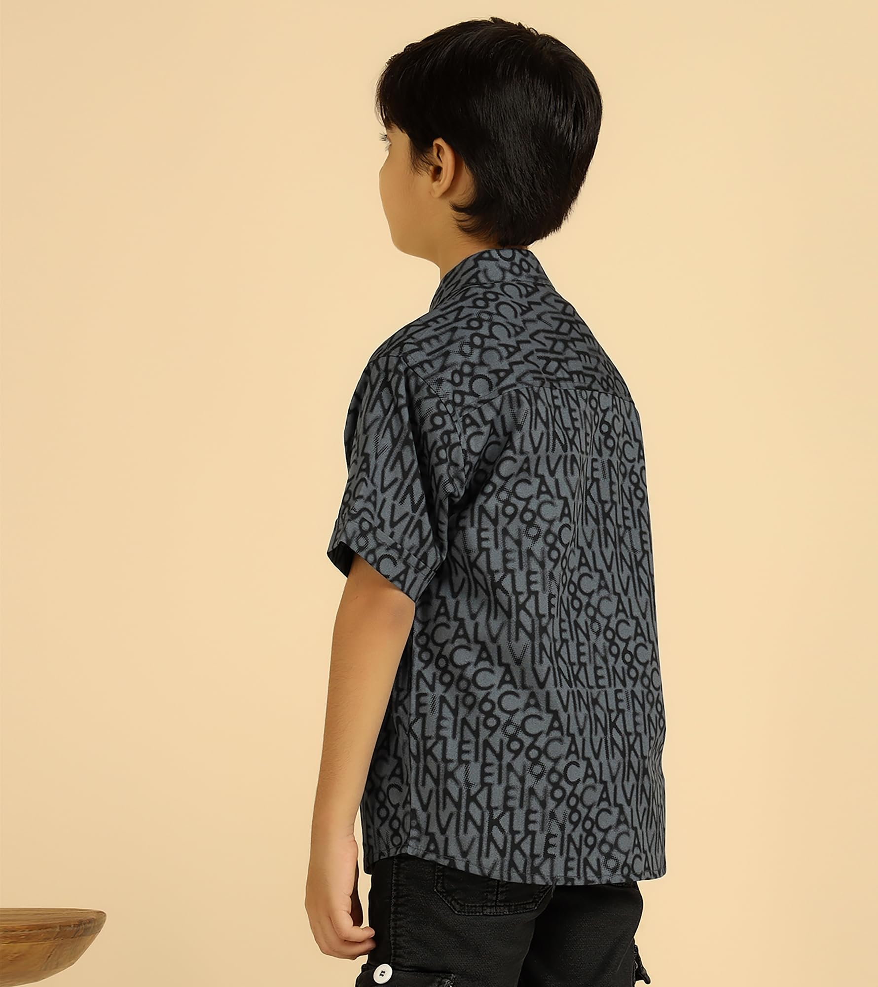 Bugandbees Boys Alphabetic Print Cotton Shirt|Half Sleeve|Mandarin Collar|Kids Clothes for Boys Dress 3-4 Years Fancy Dress|One Piece|Kids Wear|Party Casual Wear(BBSHB00000311_3-4Y_Grey) 3