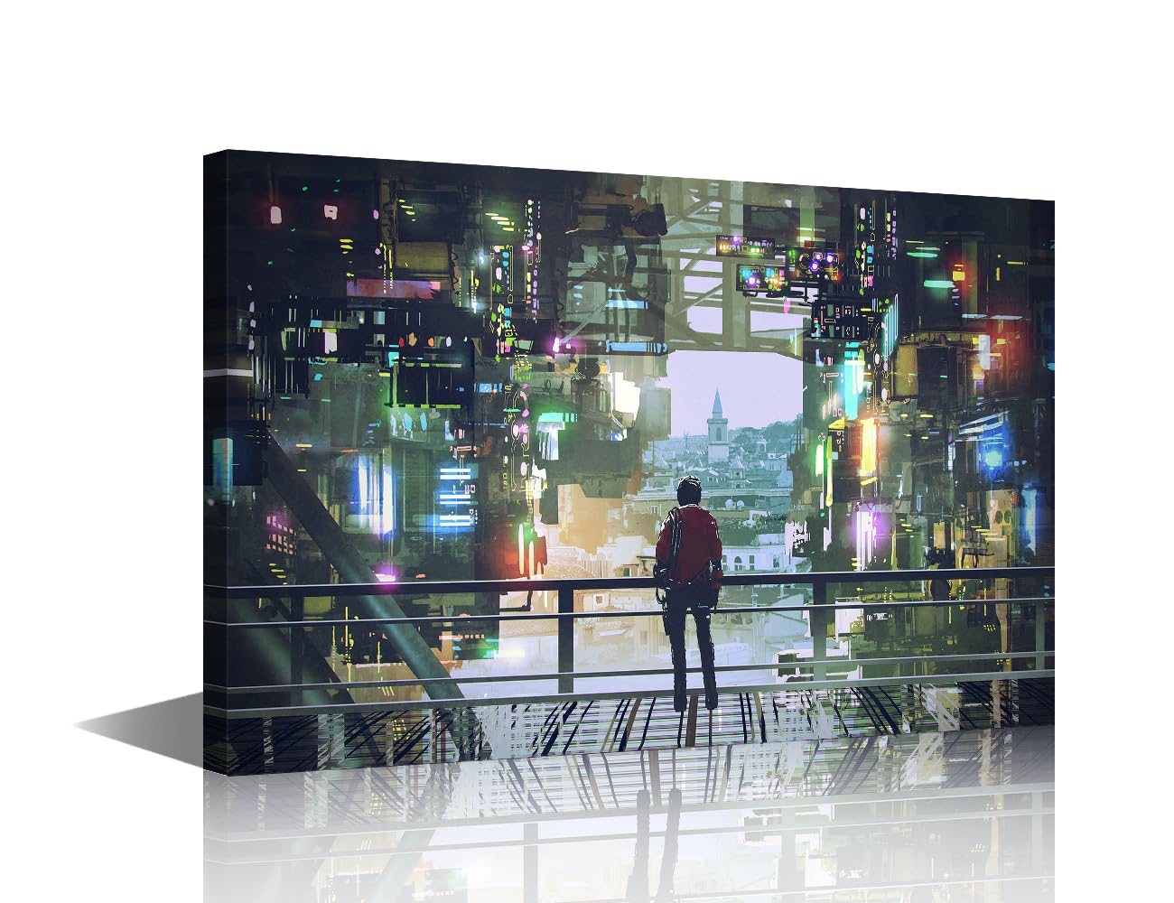 TISHIRON Futuristic Cyberpunk Wall Art Painting On Canvas Futuristic City with Colorful Light Wall Decor for Living Room Stretched and Framed Wall Decor Ready to Hang 12x18 in