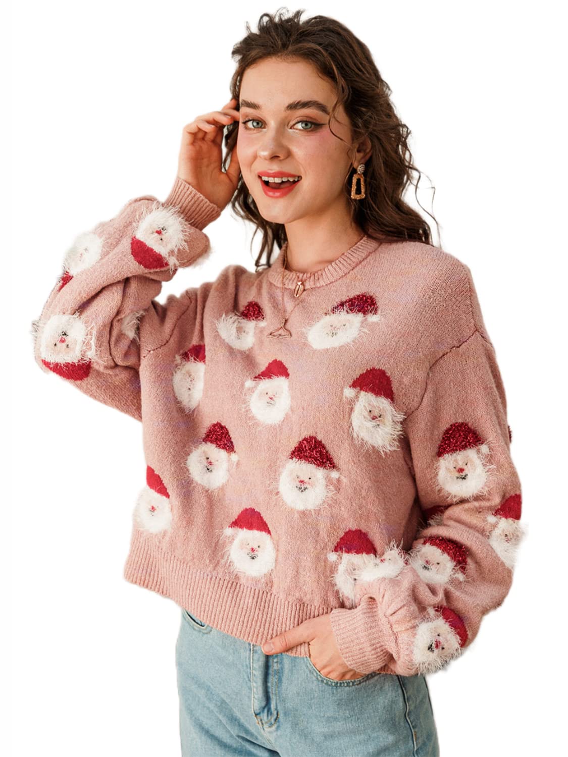 MiessialWomen's Knitted Christmas Pattern Sweater Comfy Crewneck Long Sleeve Pullover Sweater