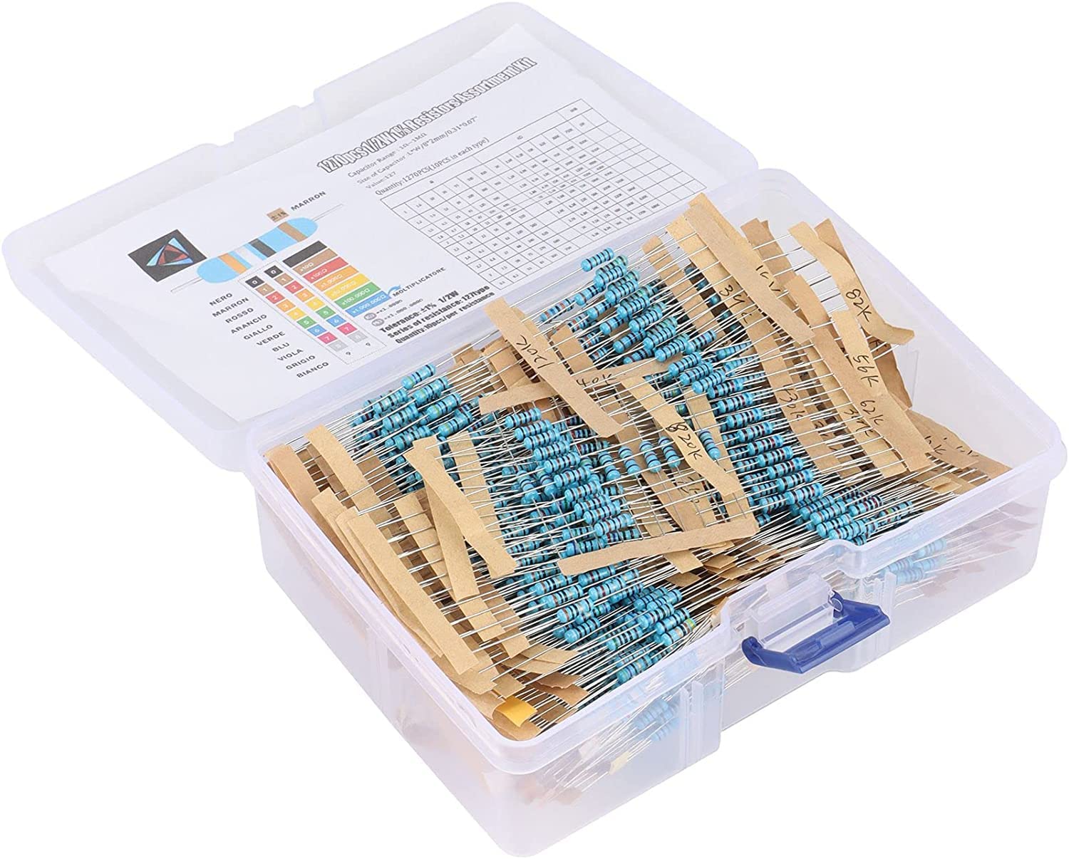 Mustpoint 1270Pcs 127 Values 1/2W 0.5W 1% 1R-1M Ohm Metal Film Resistor Assortment Kit with Box