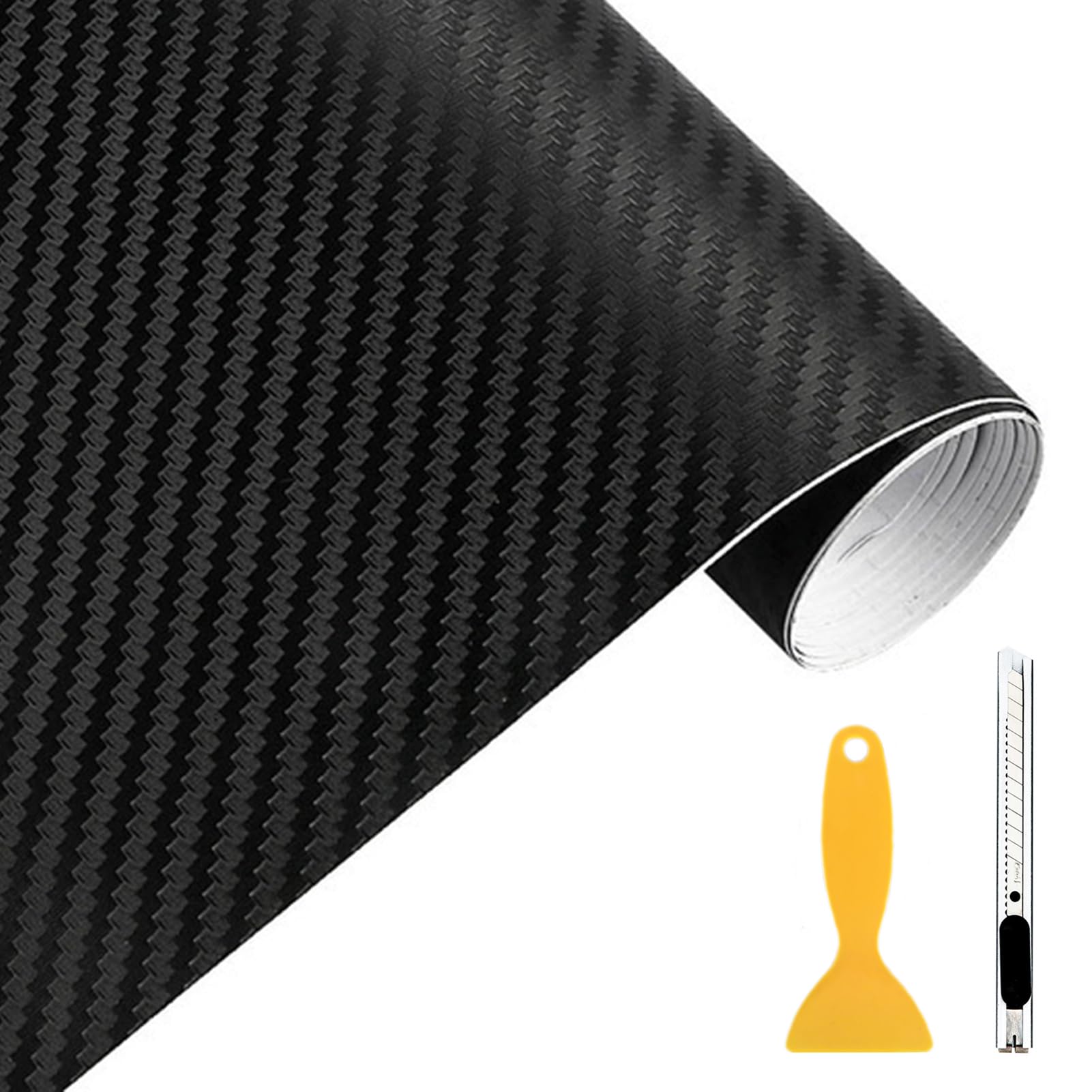 STEVE YIWU Vinyl Wrap for Cars, 3D Carbon Fiber Vinyl Wrap Self-Adhesive Carbon Fiber Car Stickers for Decoration with Knife and Plastic Scraper (Black, 3D(127 * 30 cm / 50 * 12 inch))