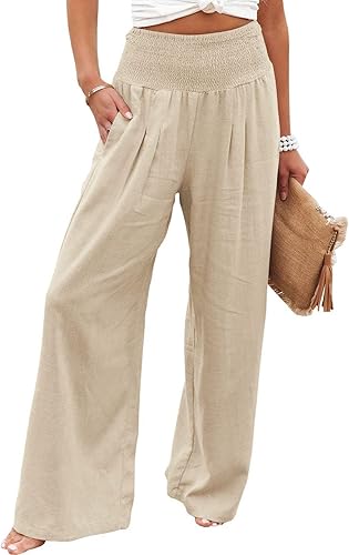 uSecee Pantalones de lino de pierna ancha para mujer, pantalones palazzo, casuales, de cintura alta, holgados, holgados, con bolsillos