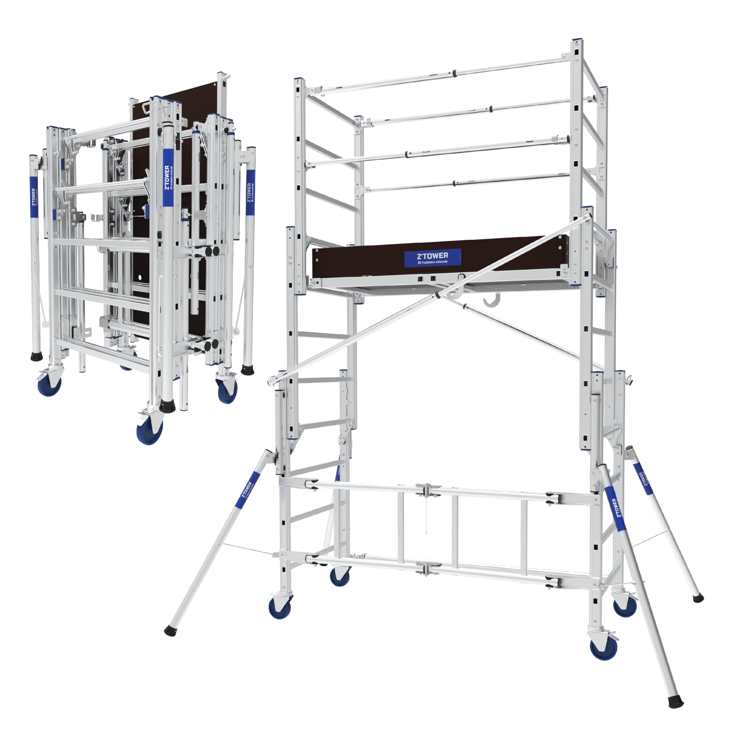 Tubesca-Comabi - Échafaudage Roulant Télescopique Z'TOWER - Ultra Compact, Usage Intensif - En Aluminium - 7 Niveaux de Plancher - Montage Ultra Rapide - Charge Max 200 kg - Fabriqué en France