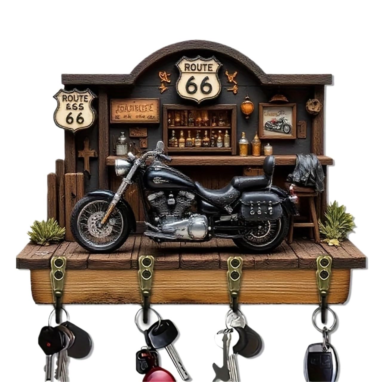 FENZORIQ Motorbike Bar Themed Wooden Key Holder, 2D Flat Wall Decor with 4 Sturdy Metal Hooks