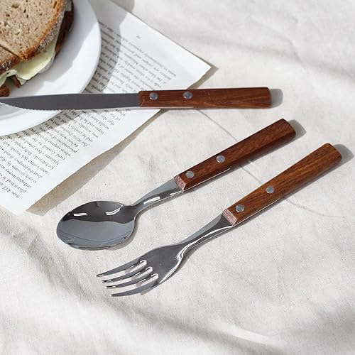 Miniatura 7 de Juego de 6 piezas (2 juegos) de mango de madera de primera calidad, cuchillo de cena, tenedor y cuchara