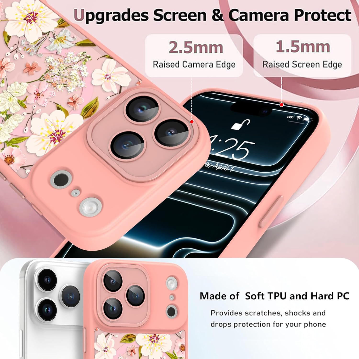 OOK Case for iPhone 17 Pro Max, Compatible with MagSafe, Cute Pink & White Blossom Frosted Shockproof Protective for Women Girls Magnetic Phone Cover