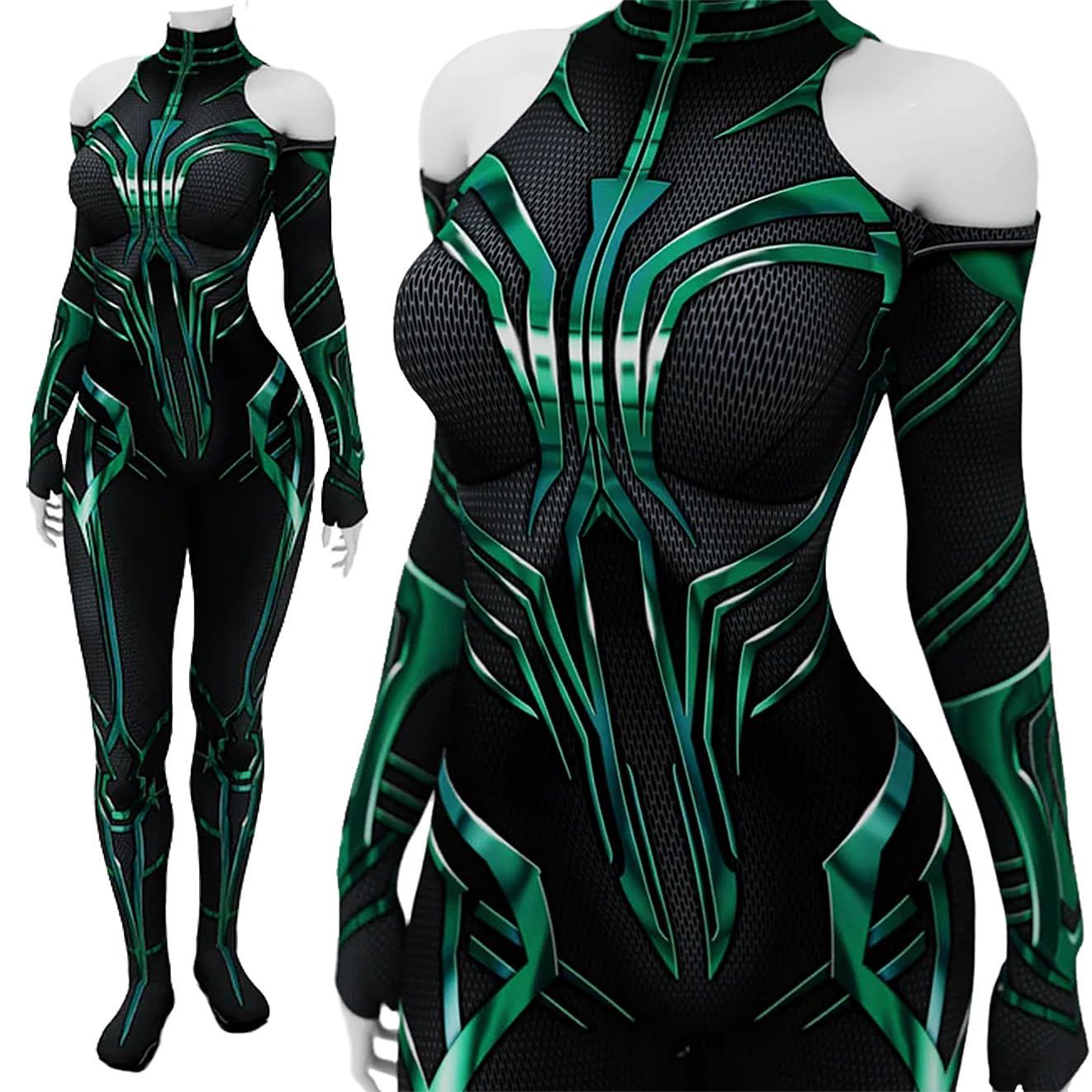 Yragemz Women Hela Cosplay Bodysuit Robe Green Goddess Hela Costume Jumpsuit Cape for Halloween: Green 1 X-Small