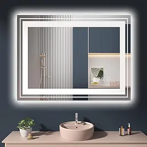 LED Mirror for Bathroom, 40"X30" with 8 RGB Backlit +3 Front Lit (Adjustable Individually), Anti-Fog, Lighted Bathroom Vanity Mirror for Wall, Shatterproof, Memory Function, Tempered Glass