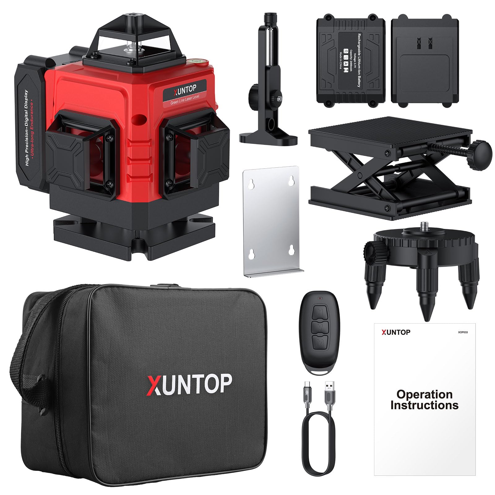 XUNTOP Livello Laser Autolivellante 16 Linee Verde Livella Laser 4x360° Autolivellante con Telecomando, 2 Batterie Ricaricabili, Supporto Magnetico, Base Regolabile, IP54, USB-C per Interni DIY