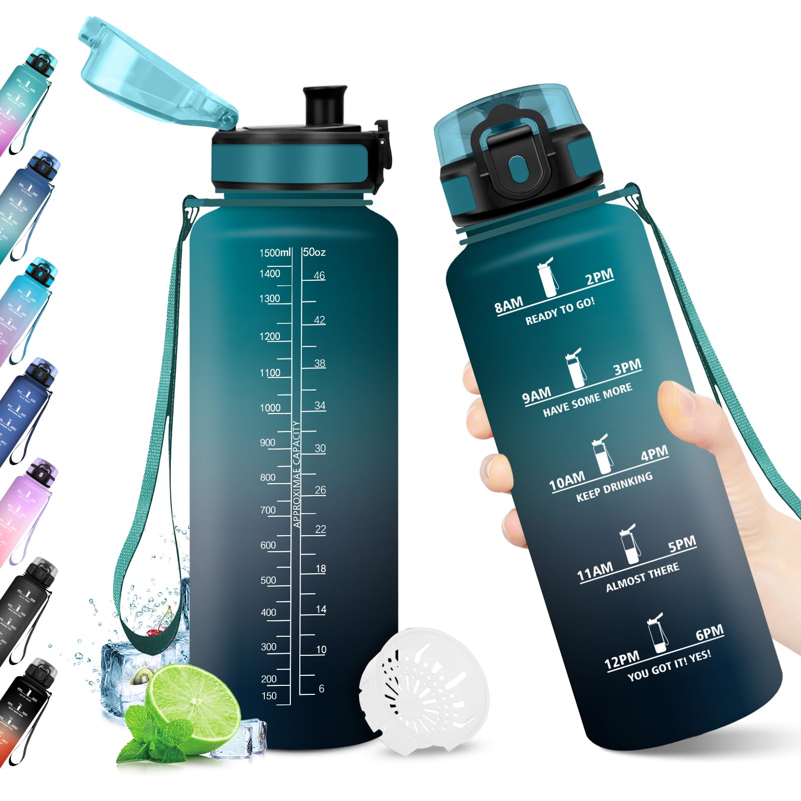 KollyKolla 1.5L Reusable Water Bottle Filter Bottle with Motivational Time Indicator BPA-Free Leak Proof for Adults Kids School Office