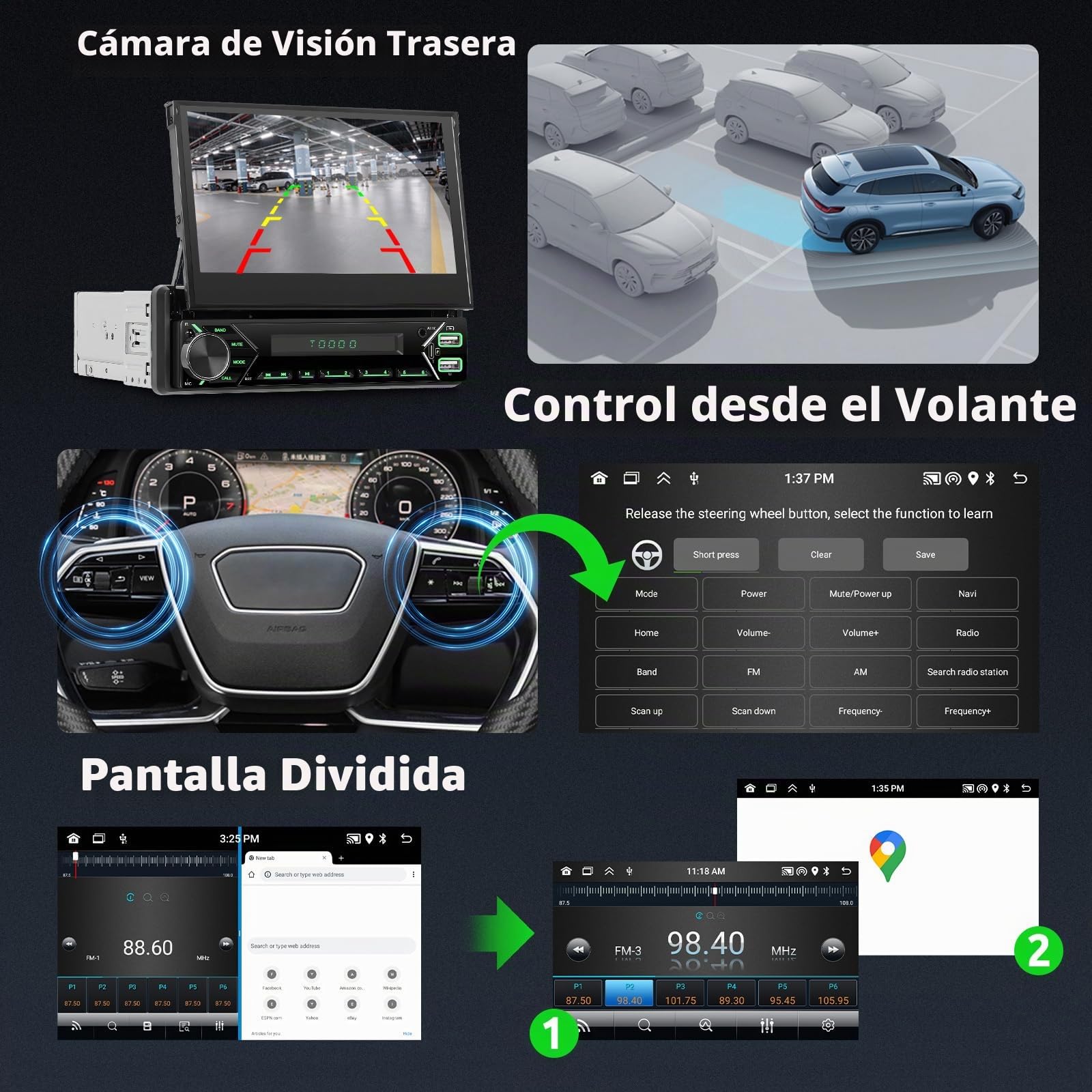 Hodozzy 2G+64G Android Radio Coche 1 DIN con Pantalla Retráctil con Inalambrico Carplay Android Auto Mirror Link, GPS, 7 Pulgadas HD Pantalla Reproductor MP5 WiFi USB/AUX EQ/RDS/FM Radio Cámara