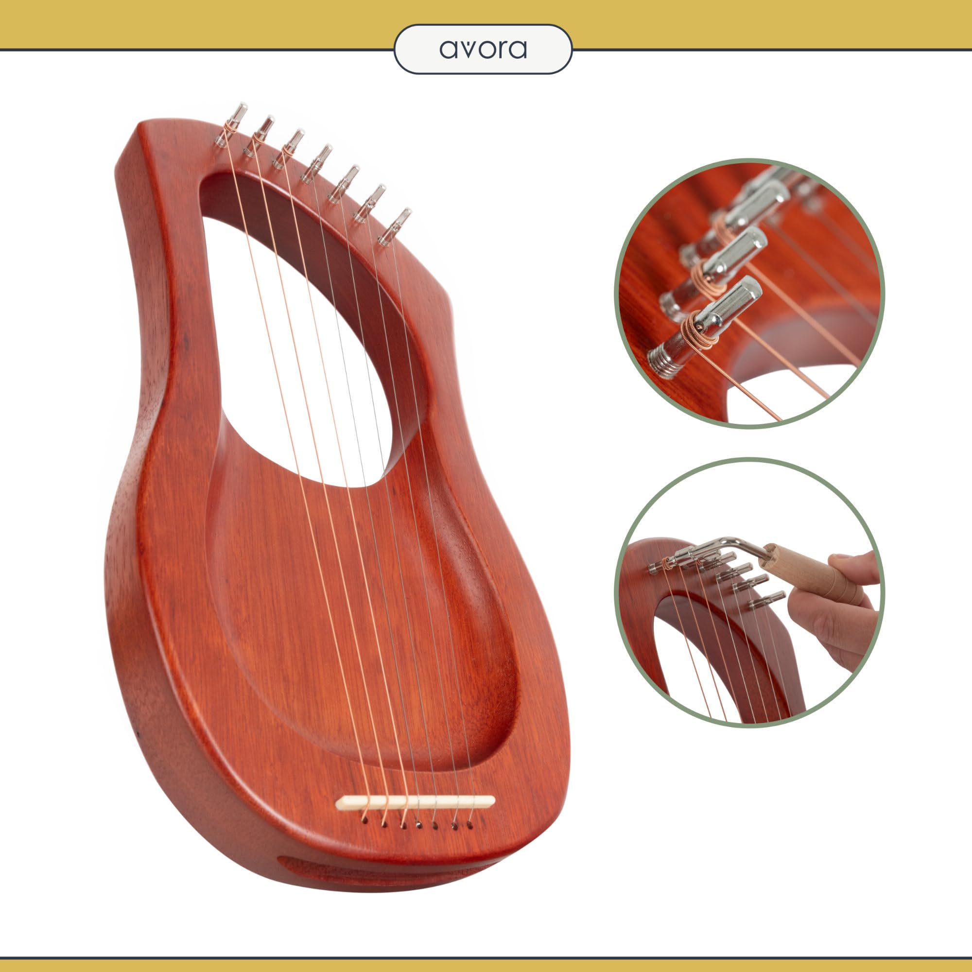 Avora Lyra Arpa in mogano – 7 corde pentatoniche in acciaio, borsa e chiave di accordatura – strumento spirituale per musicoterapia e viaggi sonori.