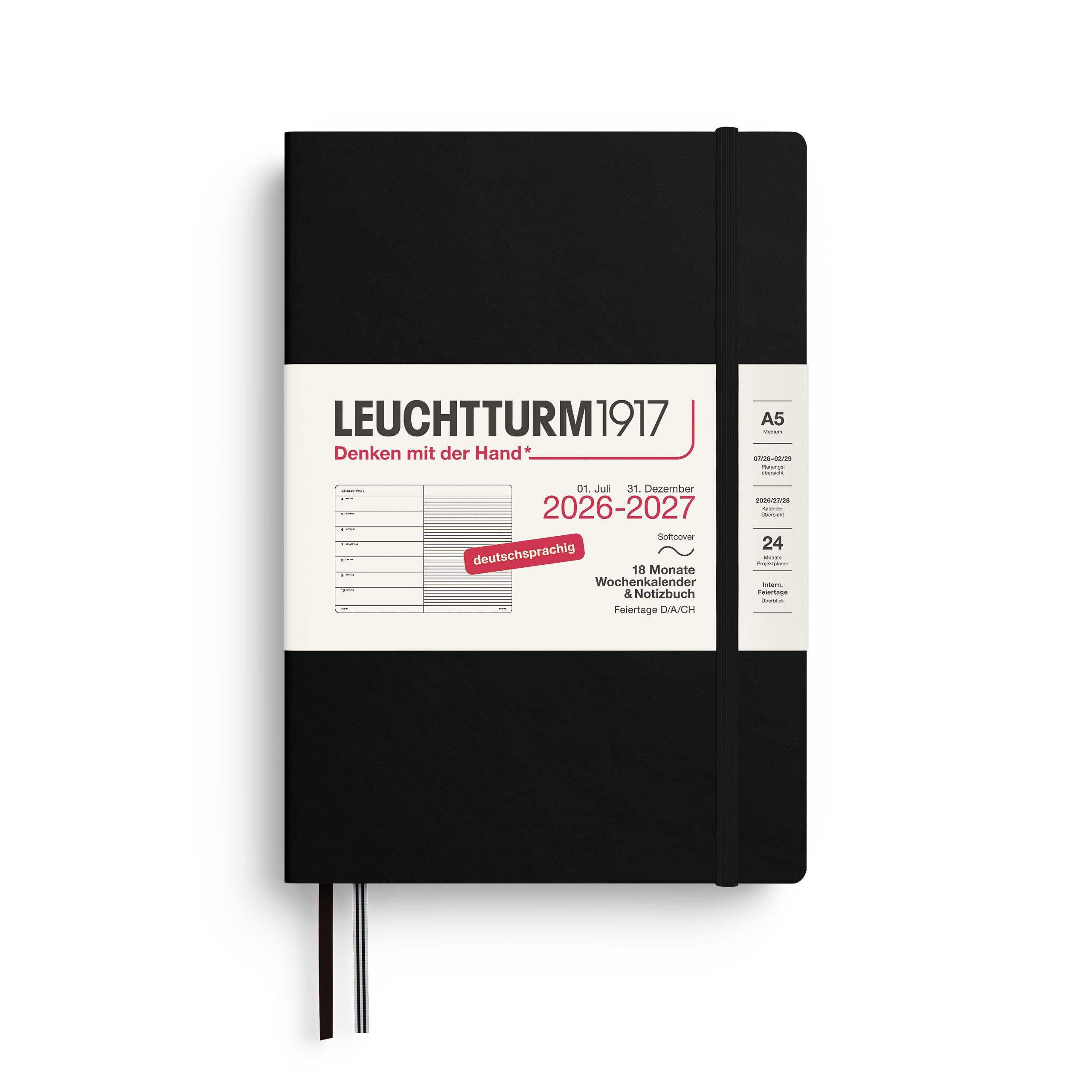 LEUCHTTURM1917 Agenda semanal 2027 A5 con cuaderno, a rayas, agenda alemana, 18 meses de julio de 2026 a diciembre de 2027, negro, tapa blanda, 210 x 145 mm, vista semanal izquierda + página de notas
