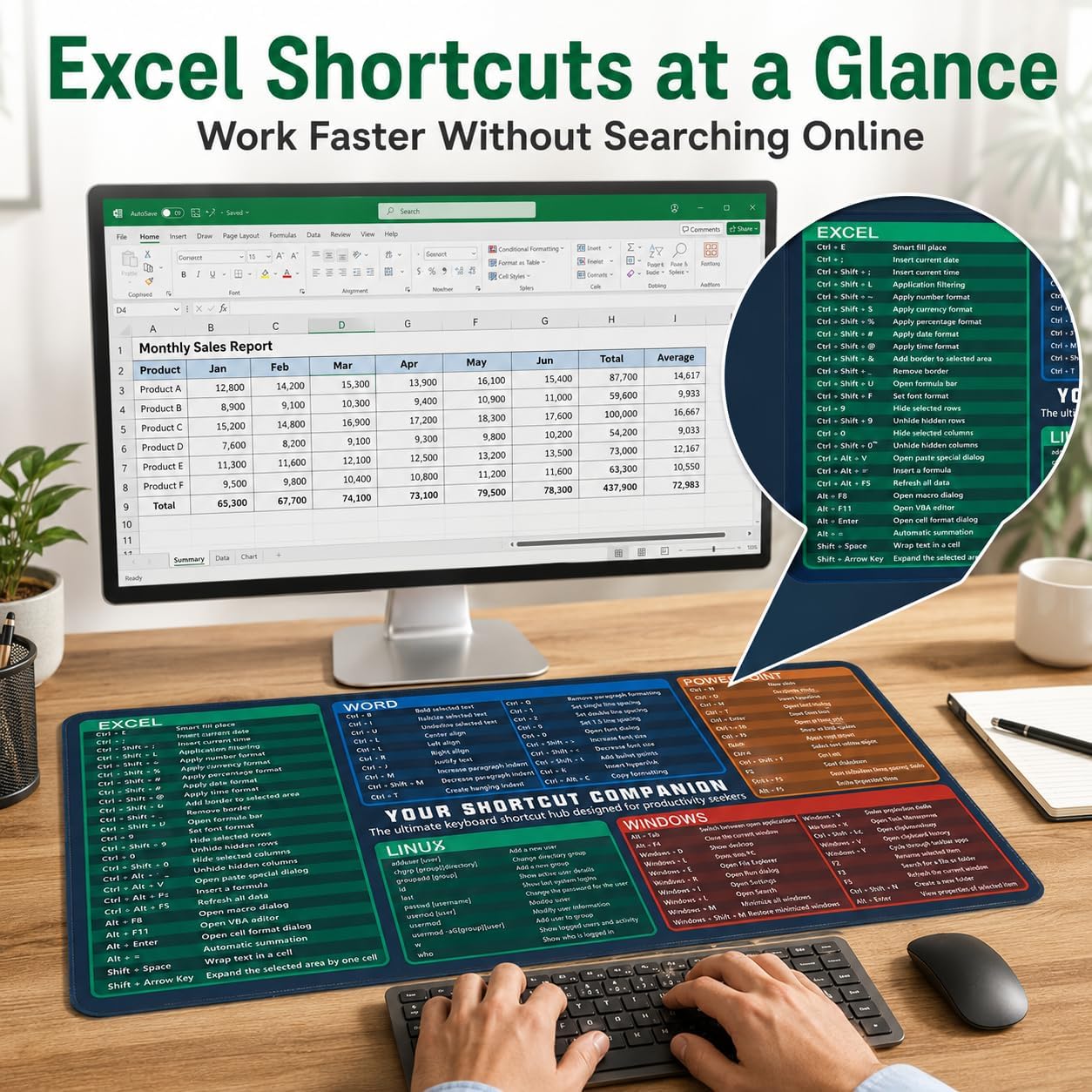 Excel Cheat Sheet Desk Pad Set, 3-Piece Office Shortcut Mouse Pad with Keyboard Wrist Rest & Mouse Wrist Rest, Excel Word PowerPoint Windows Shortcut Mat for Accountants, Students, Carbon Black