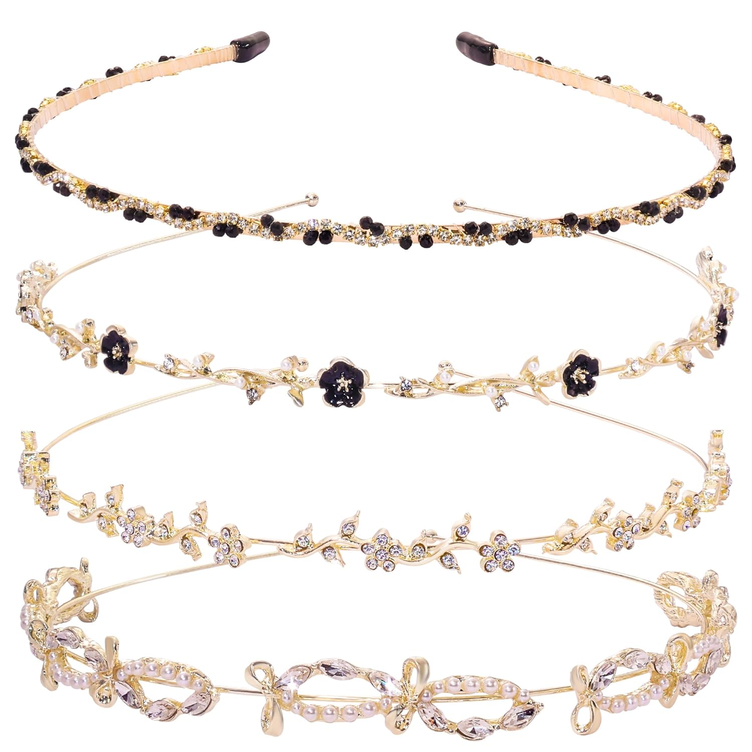 4 Pcs Gold Metal Bridal Headbands for Women,Pearl Rhinestone Shiny Fashion & Cute Hairbands, Non Slip Cute Party and Wedding Hair Accessories,Suitable for Women and Girls
