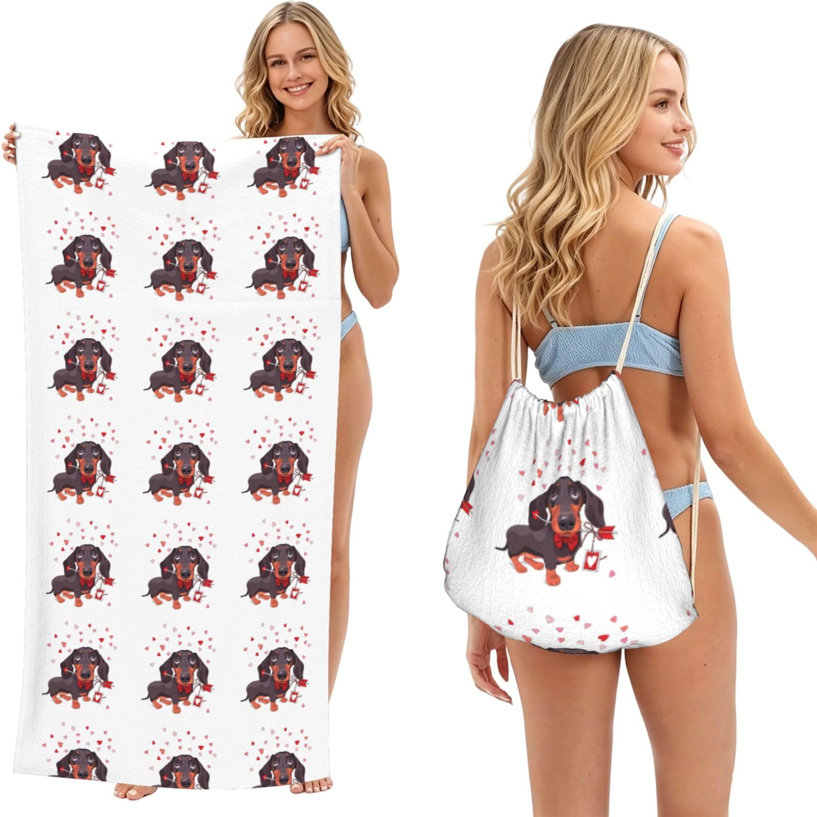 Poadnly As Picture Dachshund Dog Puppy Animal Love Arrow, 2 In 1 Packable Towel Bag, Beach Towels With Drawstring Backpack For Travel Holiday Camping