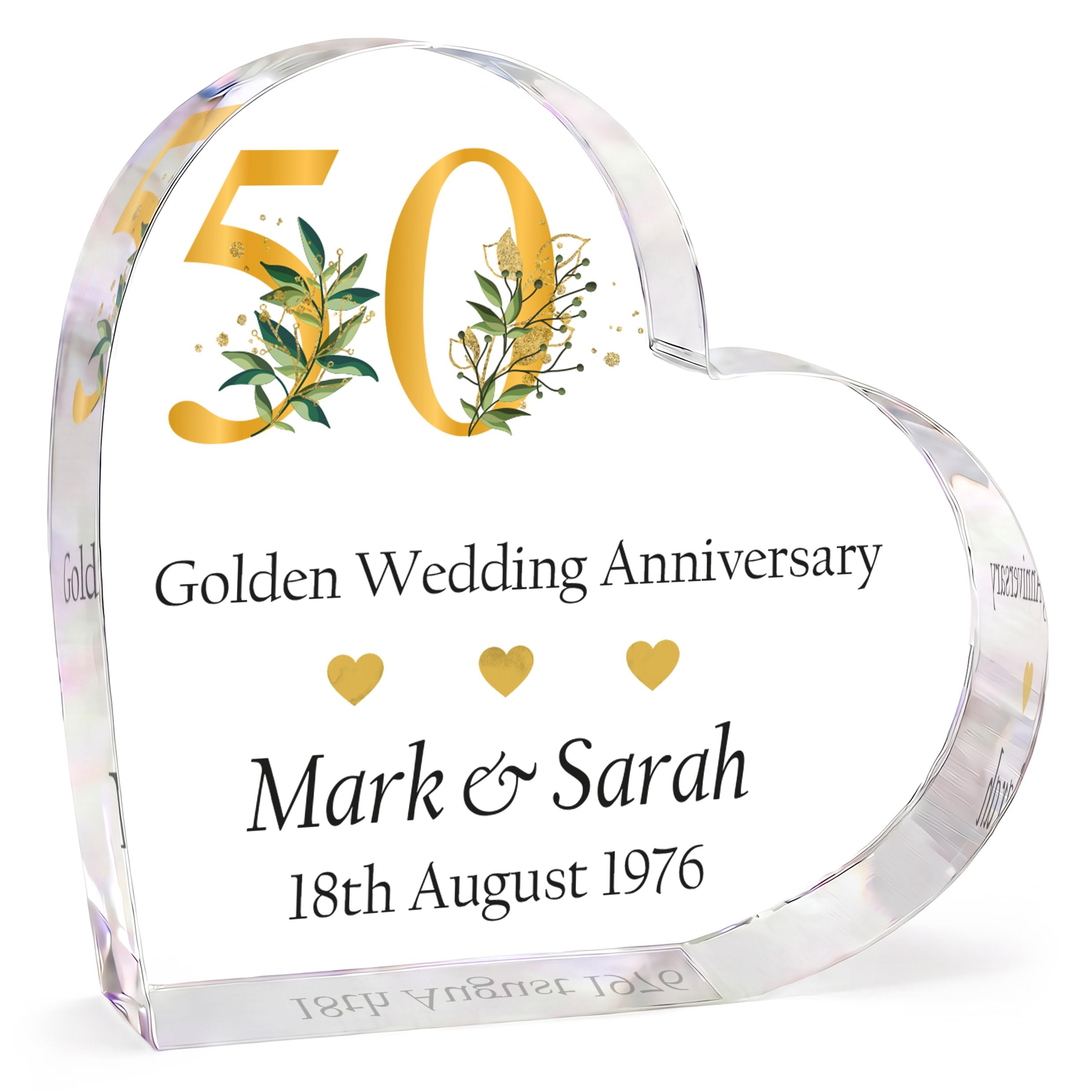 Beecreative Personalised Golden Anniversary Wedding Gift For Couple Husband Wife - 50th Anniversary - Gift For Parents Grandparents - 50 Years Anniversary - Heart Shape Keepsake With Grey Bag