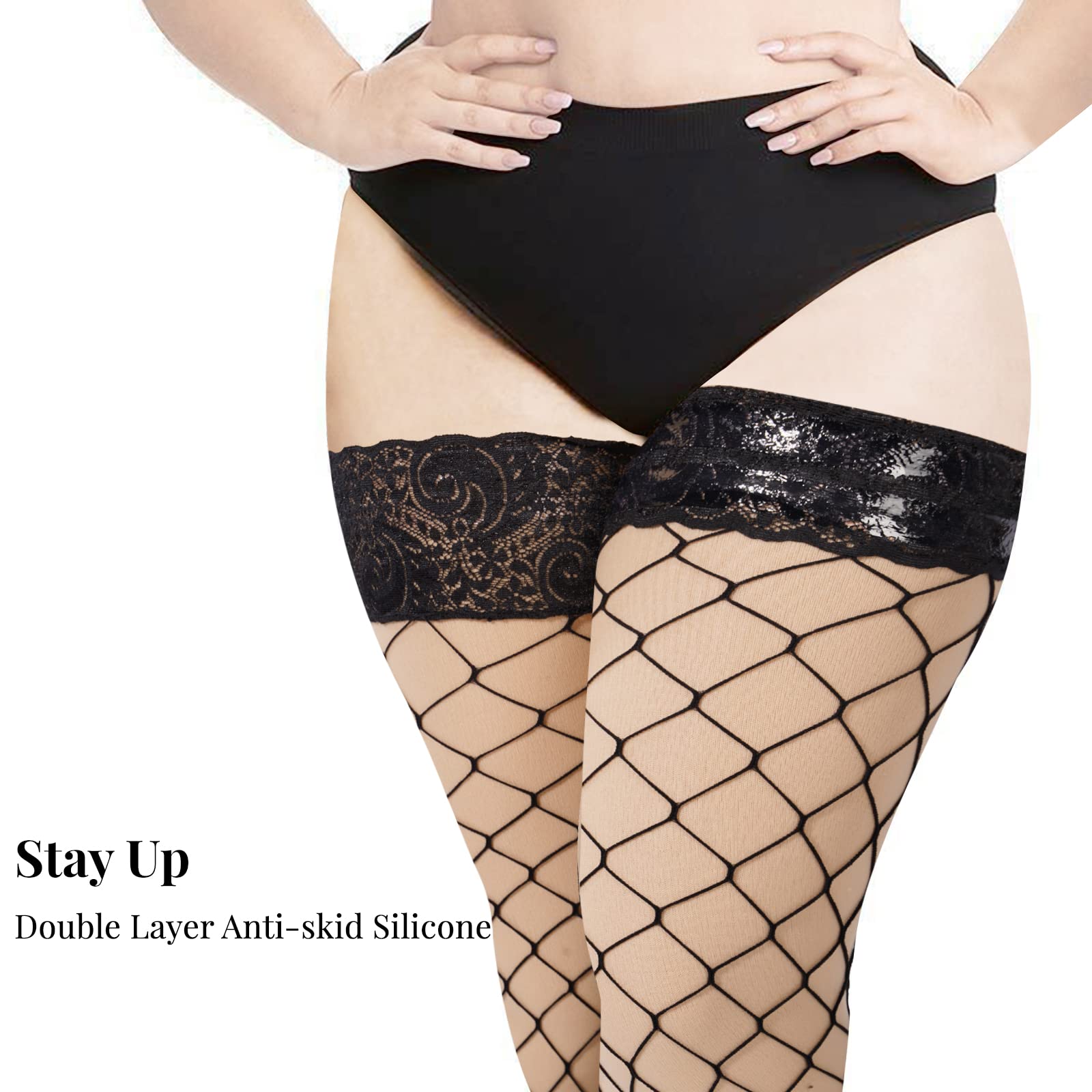 Moon Wood Plus Size Fishnet Stockings Womens Sheer Silicone Lace Top Stay Up Lingerie Fishnets Thigh Highs Stockings: One Size Plus Black-large Mesh