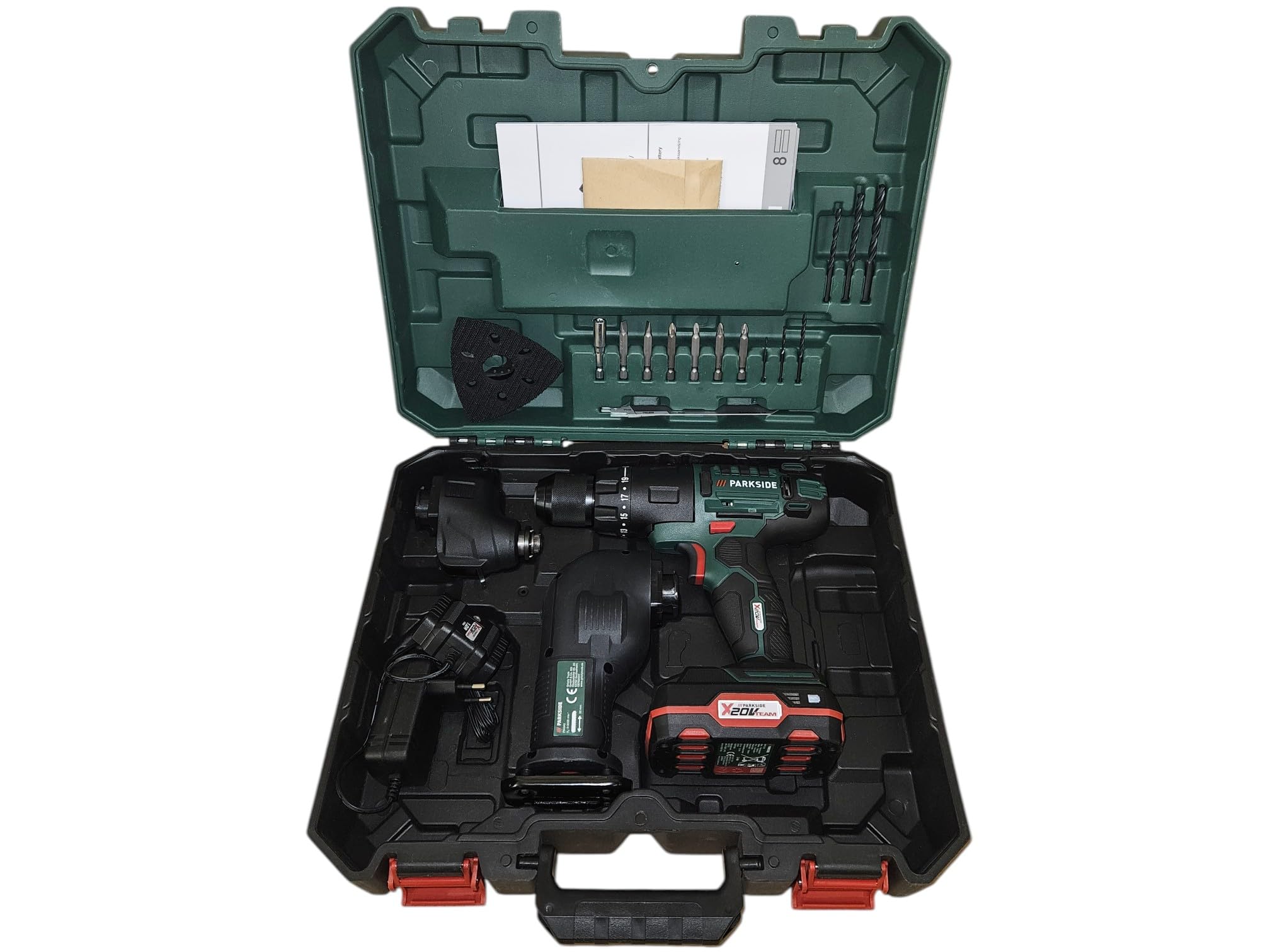 Parkside Strumento combinato multifunzione 4 in 1 da 20 V, senza fili, unità nuda, trapano, levigatrice multipla, sega a sciabola, strumento oscillante per cambiare rapidamente e facilmente gli