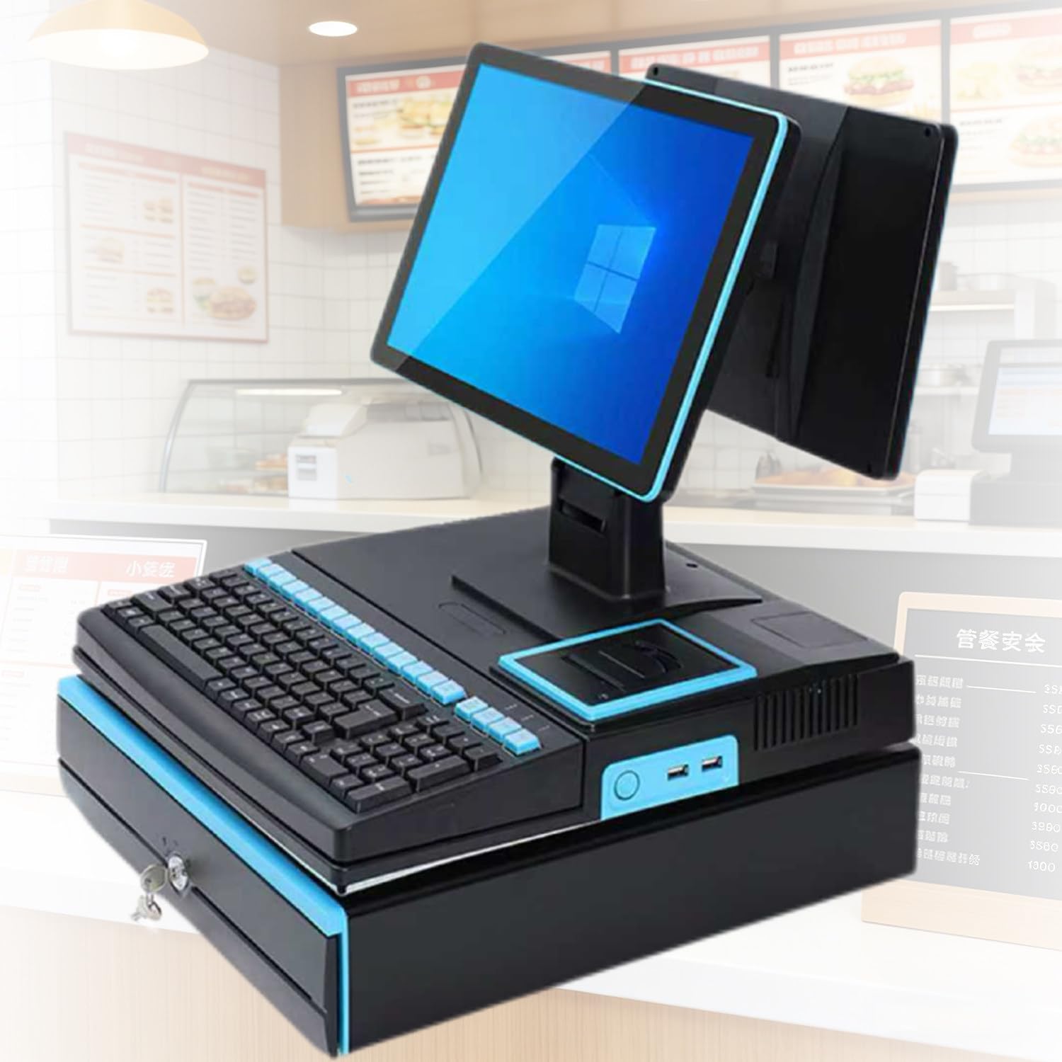 Caisse Enregistreuse Tout-en-Un, Terminal De Point De Vente Tactile Intelligent pour Restaurants Et Commerces De Détail, Tiroir-Caisse, Double écran 15,6 Pouces Blue