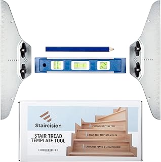 Staircision Stair Tread Template Tool - Stair Gauge Set with Carpenter Pencil and Level for Extra Precision - Solid Metal Stairs Jig for Accurately Measuring Angle and Length