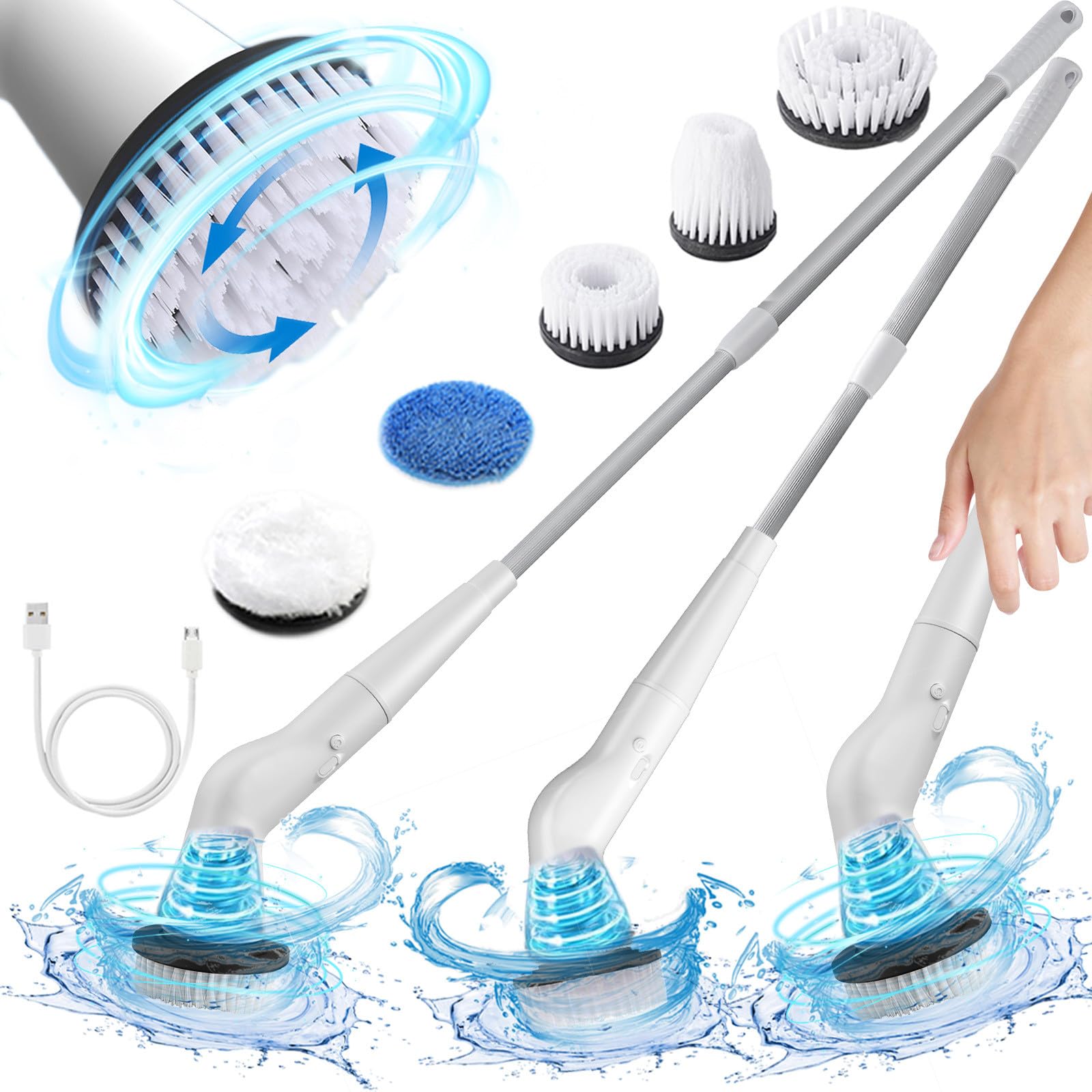 Electric Scrubbers with 5 Brush Heads And Adjust Extension Long Handle, Rechargeable High Speeds Scrubbers Power Cleaning Brush For Bathroom Floor Tile