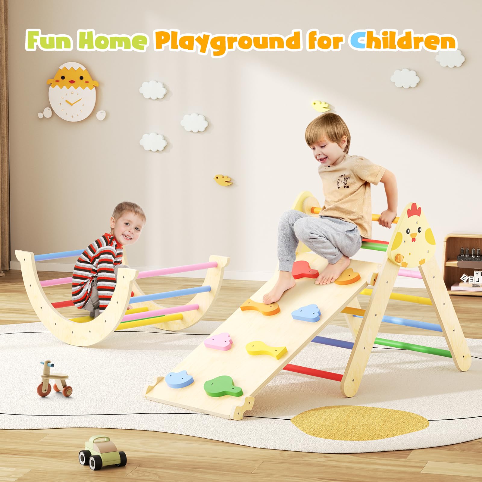 Lischwert Montessori - Struttura da arrampicata 7 in 1 per bambini, pieghevole, in legno, con rampa e arco, giocattolo Montessori per arrampicata e palestra per bambini (colori misti)