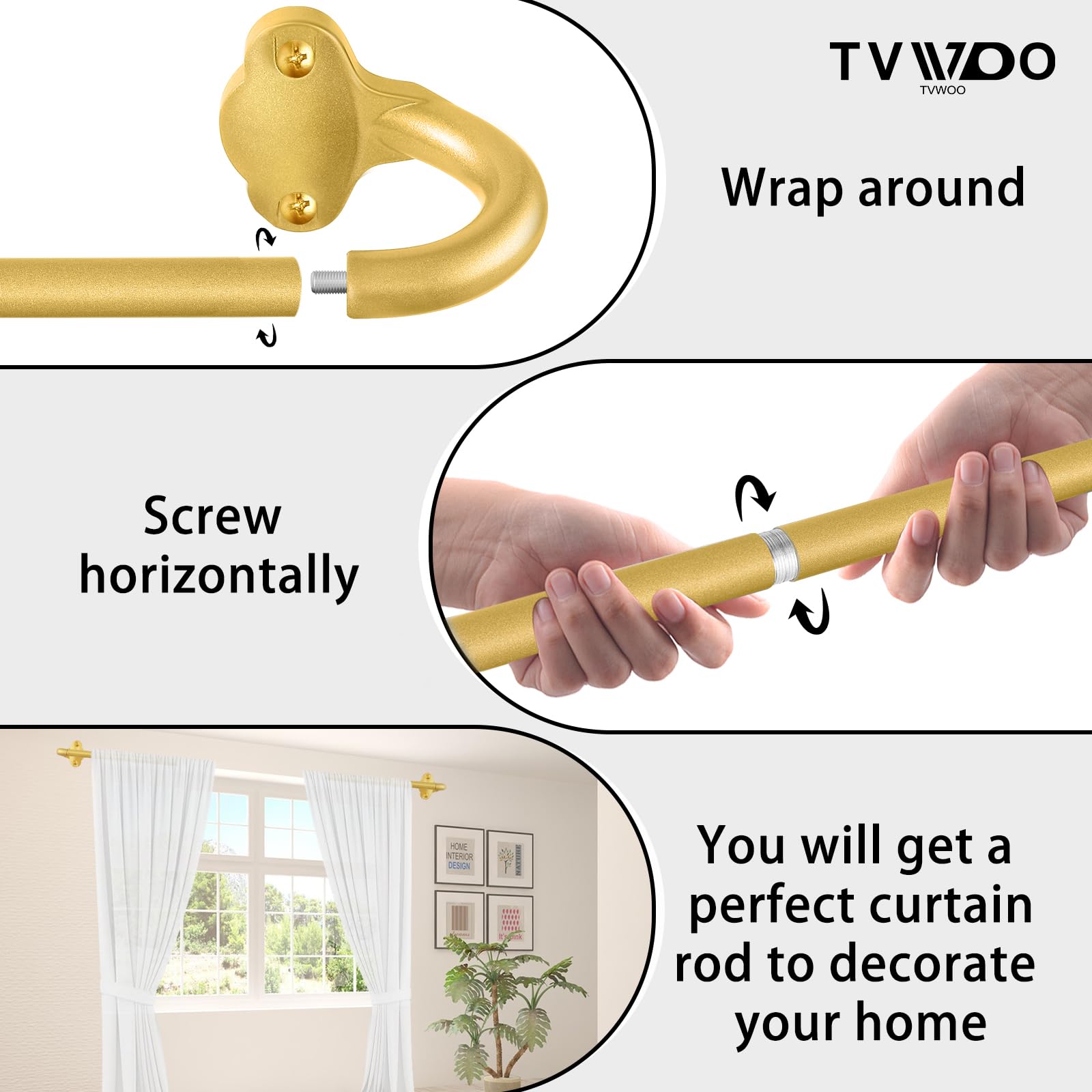 TVWOO Tringles à rideaux enveloppantes occultantes et ajustables de 1,6 cm de diamètre pour obscurcissement de chambre, cuisine, appartement, faciles à installer, 167,6 à 304,8 cm, laiton doré