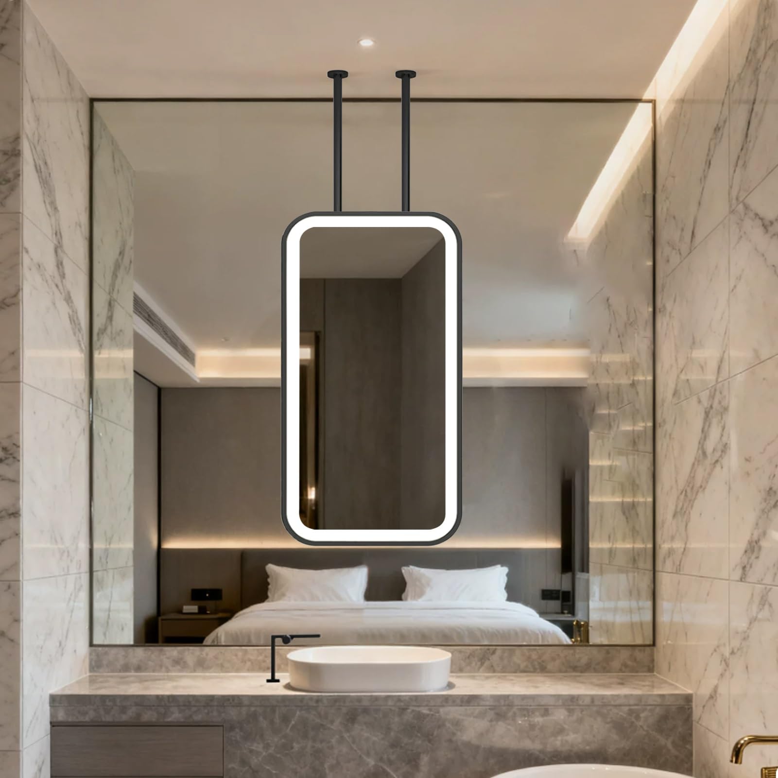 FGXHHS Ceiling Mount Mirrors for Bathrooms，Rectangle Mirror Wall-Mounted Vanity with LED Light，Black Metal Pole Suspended Entrance Hotel Bedroom(40cmx70cm)