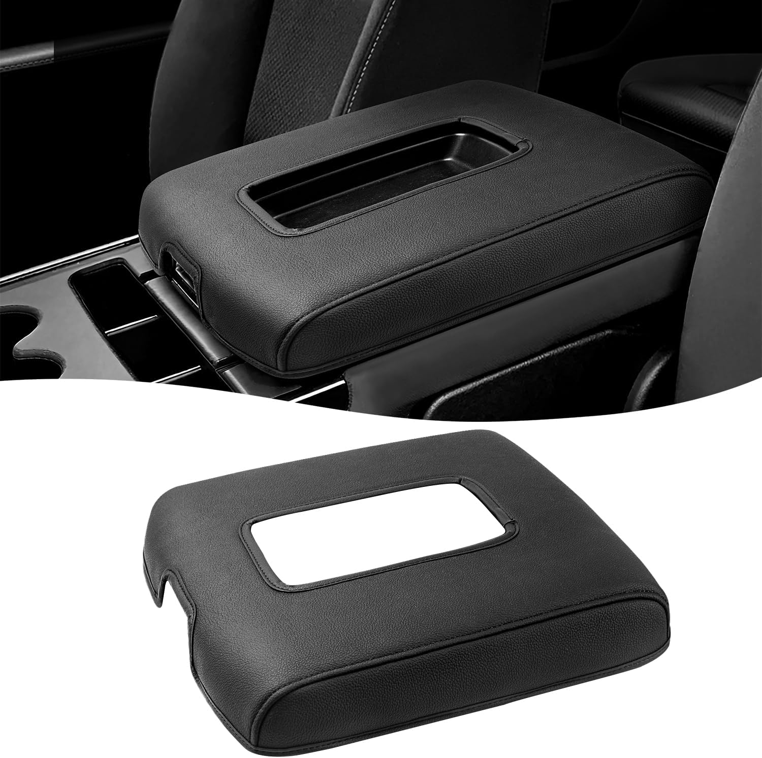 Center Console Cover for 2014-2018 Chevy Silverado & GMC Sierra 1500 2500 3500, Durable PU Leather Armrest Lid Covering Protector, Anti-Scratch, Black (Fits Split Bench Jump Seat)